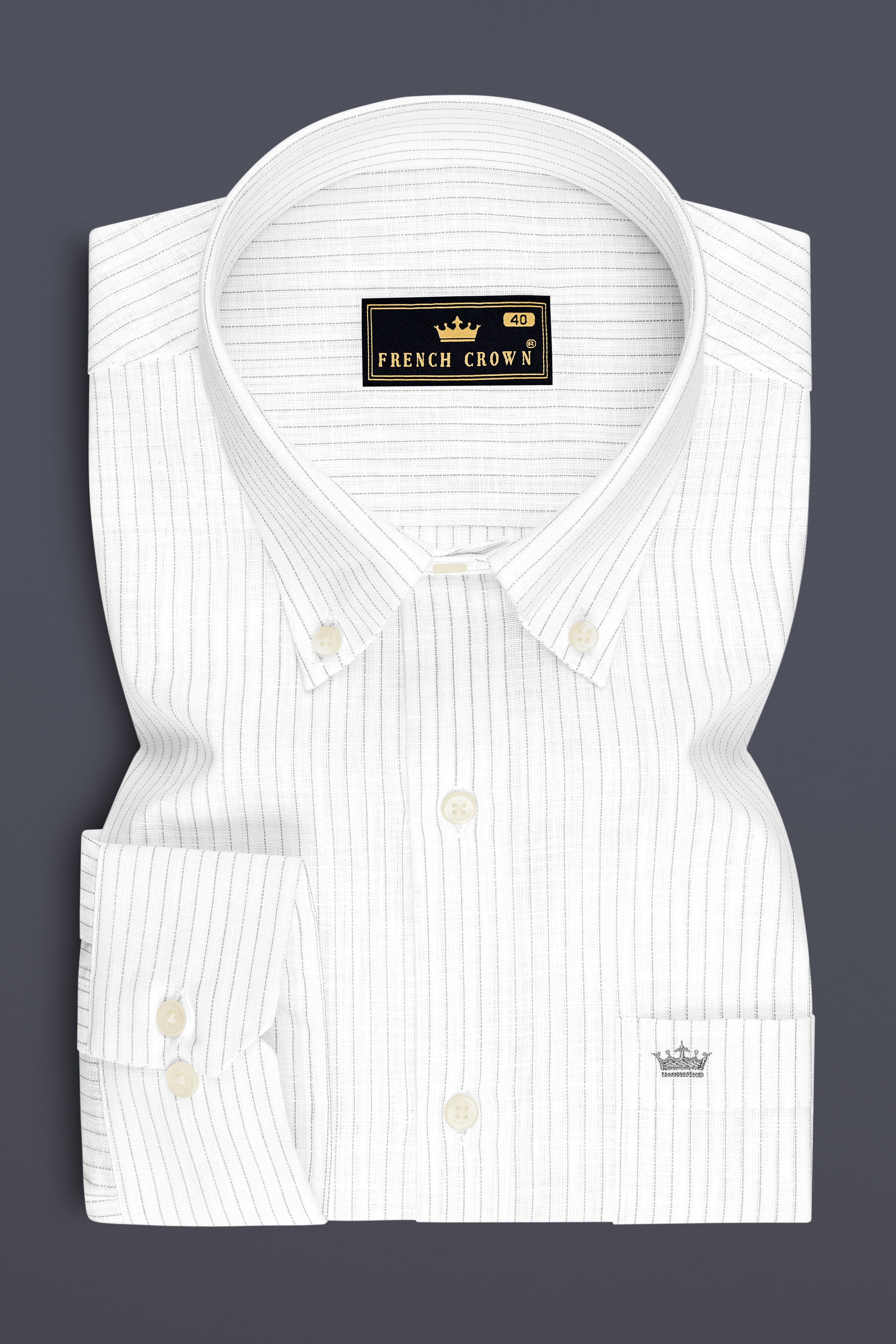 Poise-Bright White And Chalice Gray Pin Striped Luxurious Linen Button Down Dress Shirt