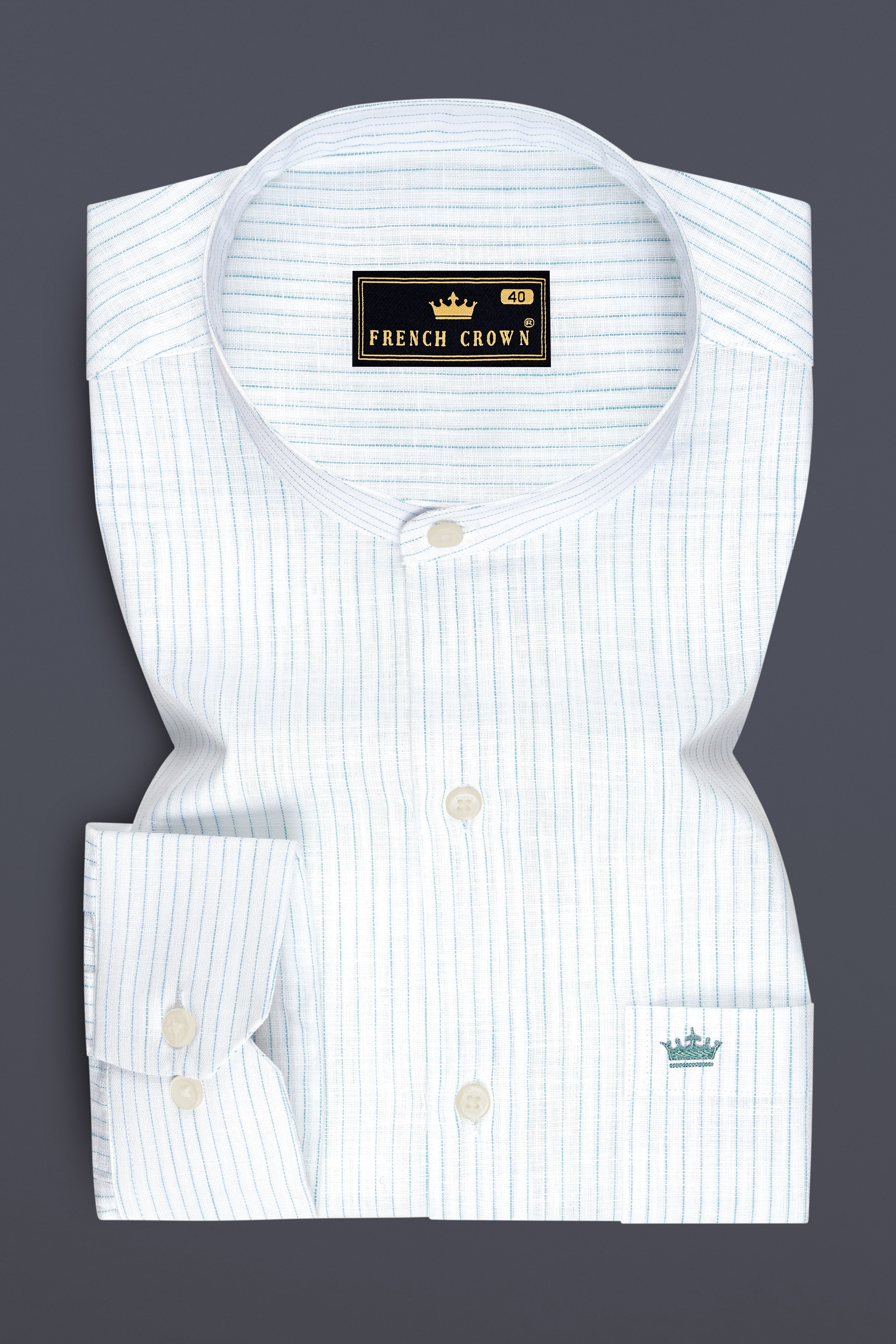 Marina-Bright White And Turquoise Blue Pin Striped Luxurious Linen Mandarin Casual Shirt