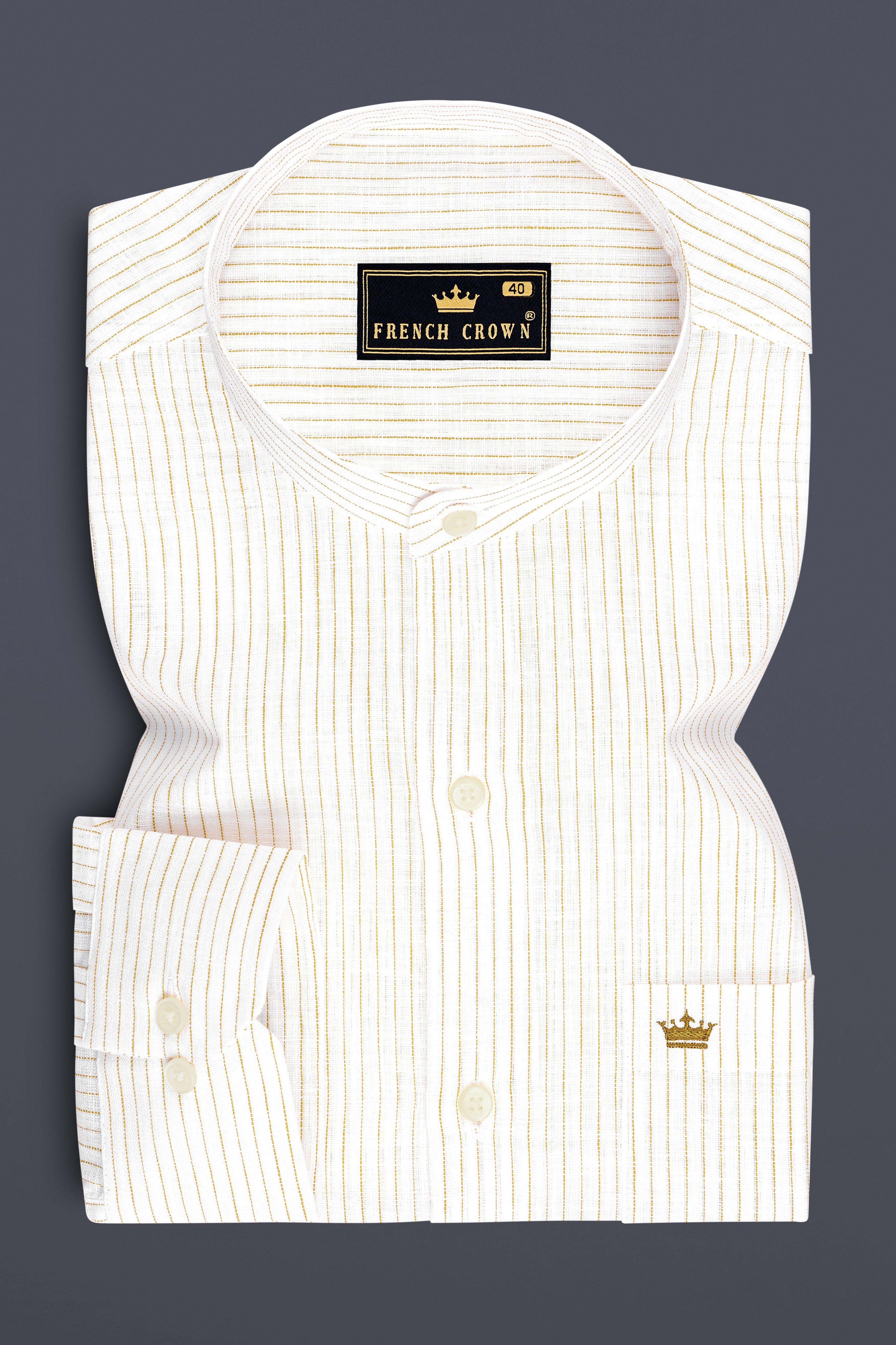 Oasis-Bright White And Sandy Brown Pin Striped Luxurious Linen Mandarin Casual Shirt