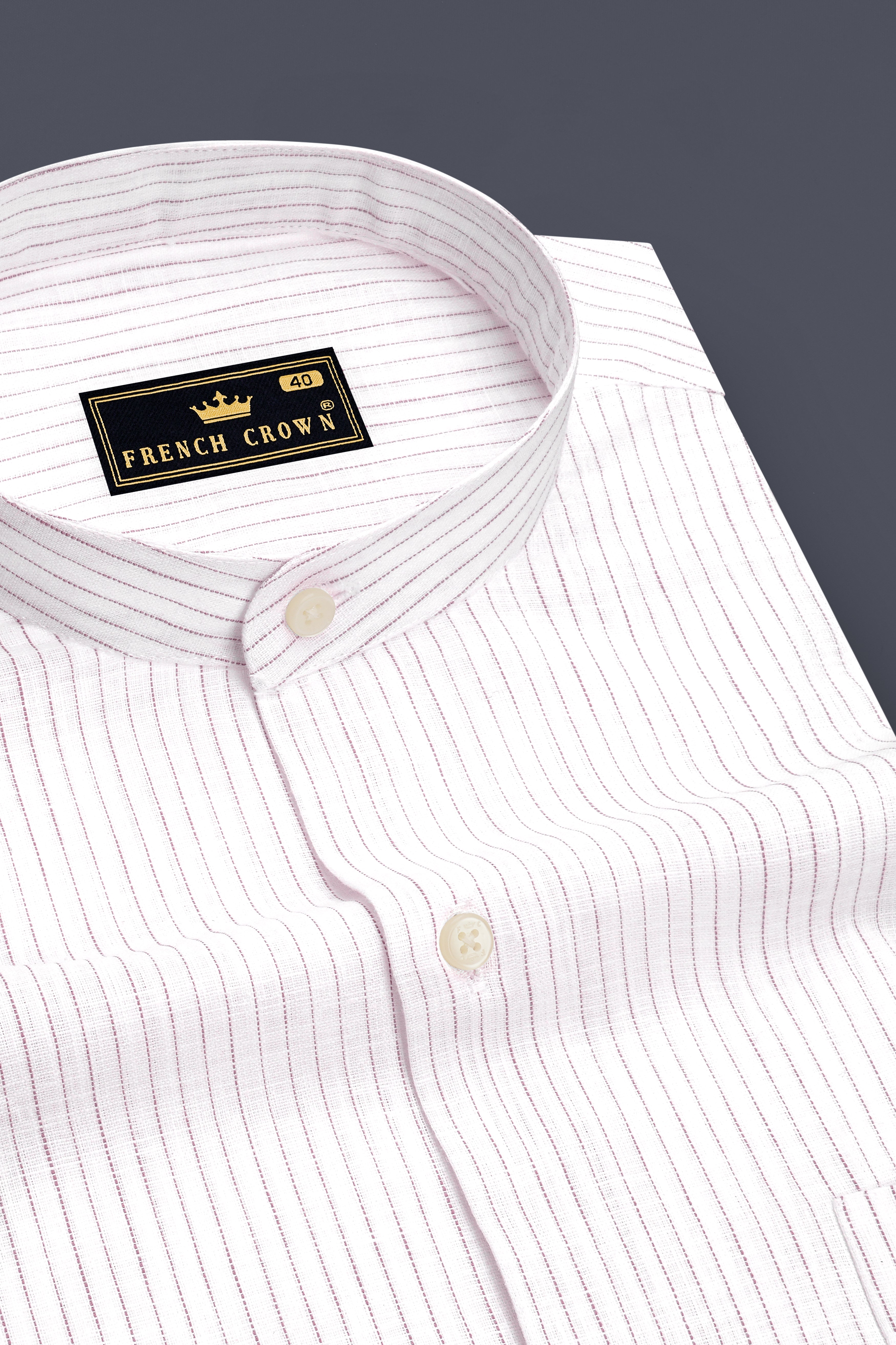 Zephyr-Bright White And Wisteria Pink Pin Striped Luxurious Linen Mandarin Casual Shirt