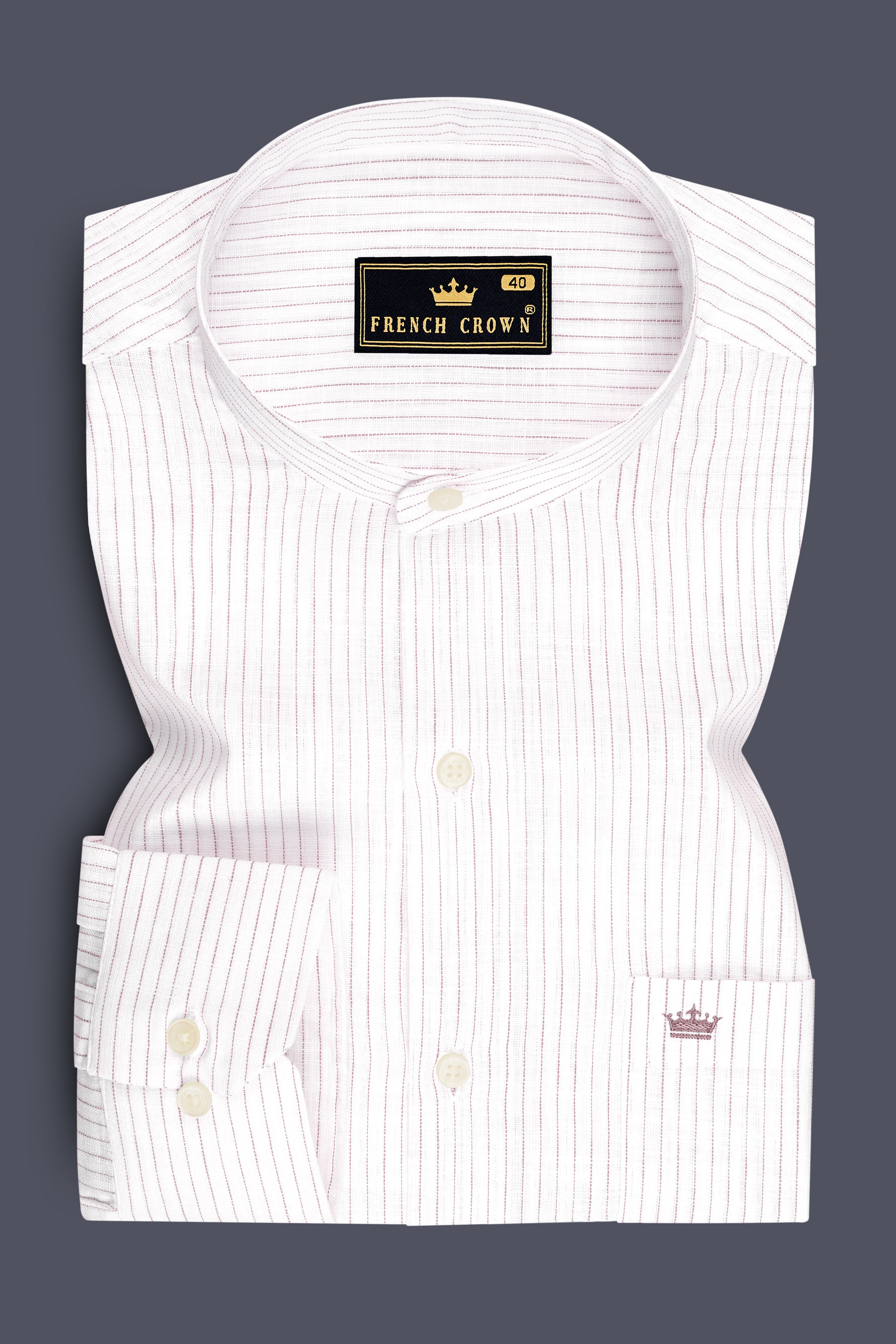 Zephyr-Bright White And Wisteria Pink Pin Striped Luxurious Linen Mandarin Casual Shirt
