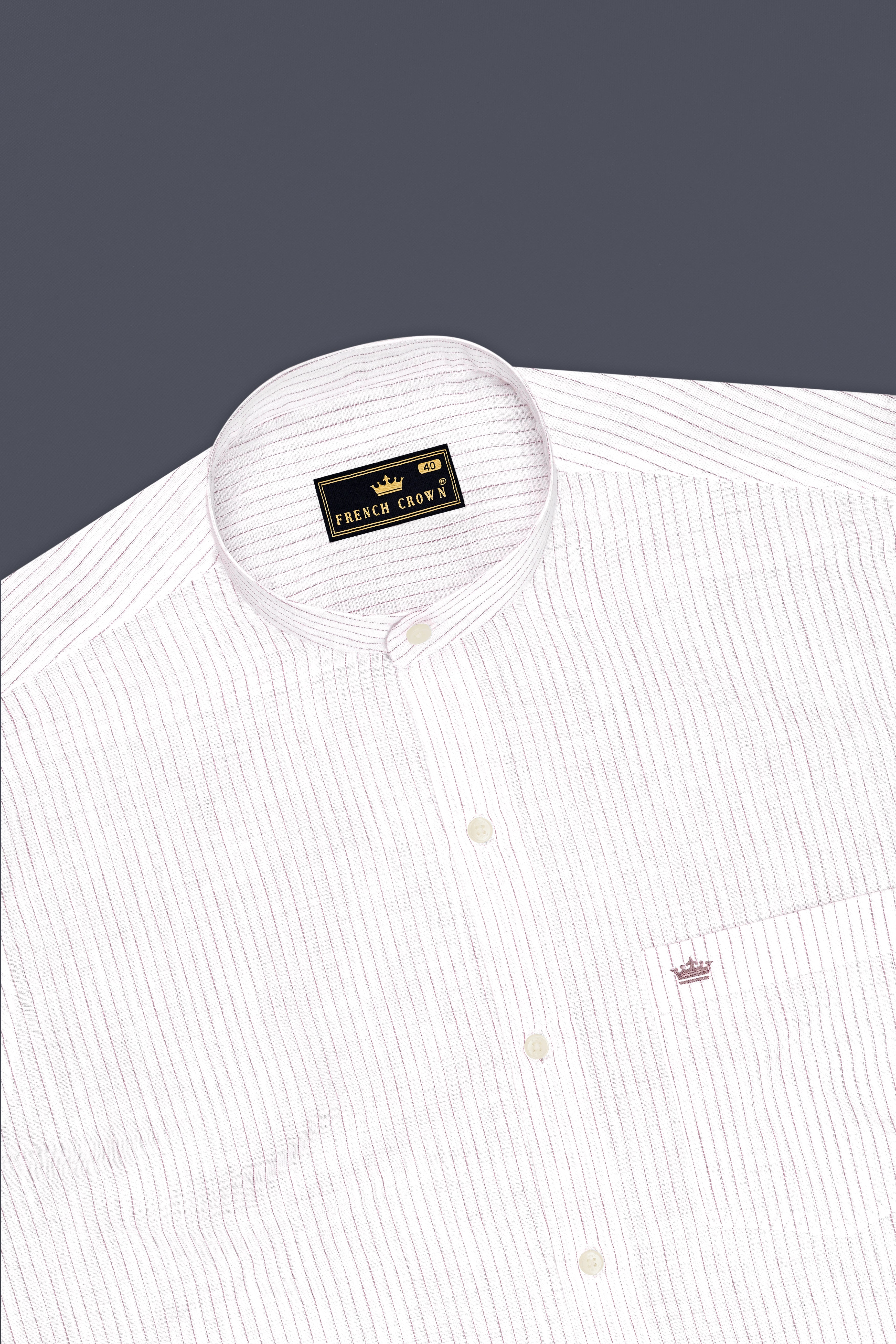 Zephyr-Bright White And Wisteria Pink Pin Striped Luxurious Linen Mandarin Casual Shirt