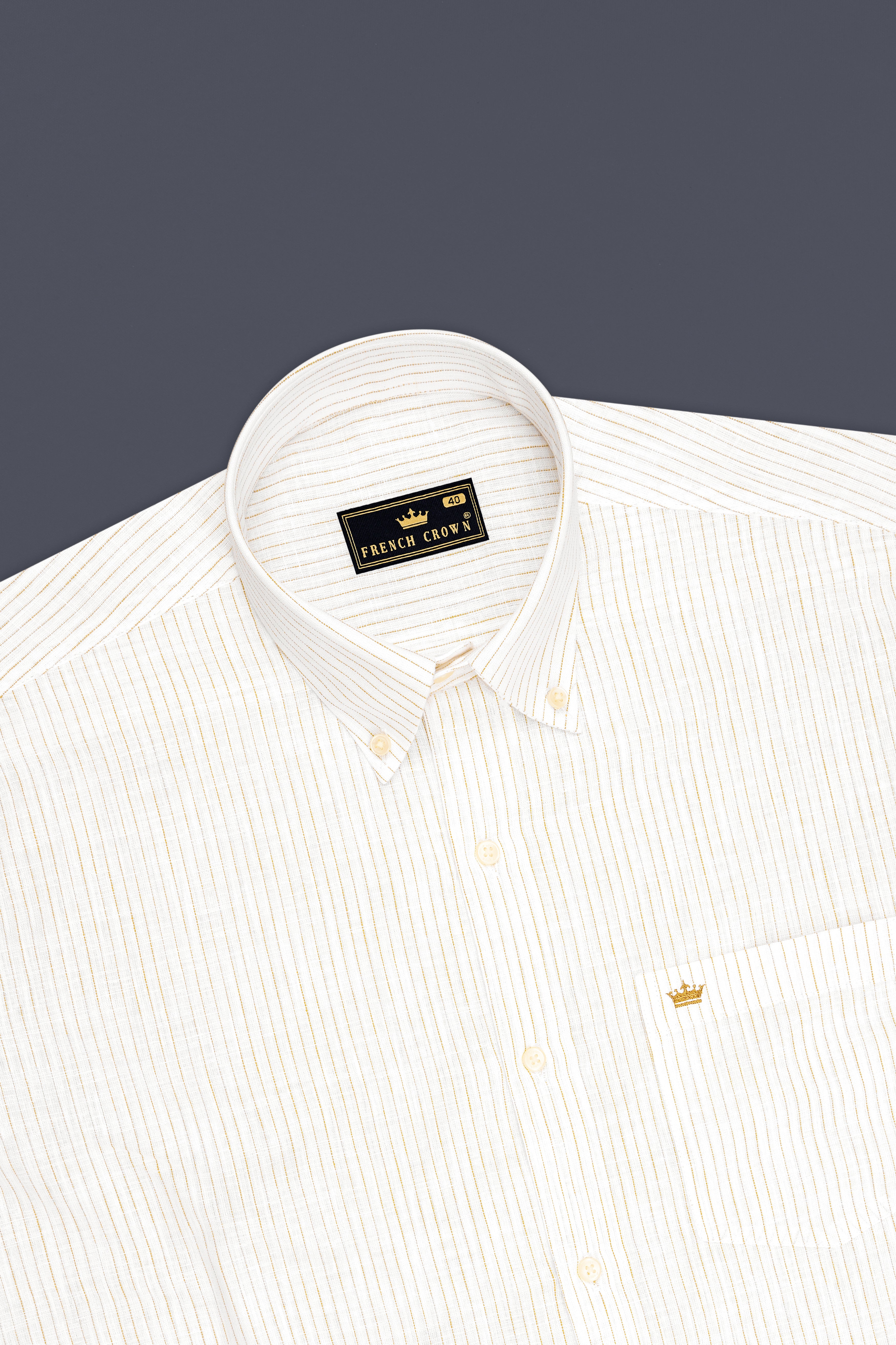 Oasis-Bright White And Sandy Brown Pin Striped Luxurious Linen Button Down Dress Shirt