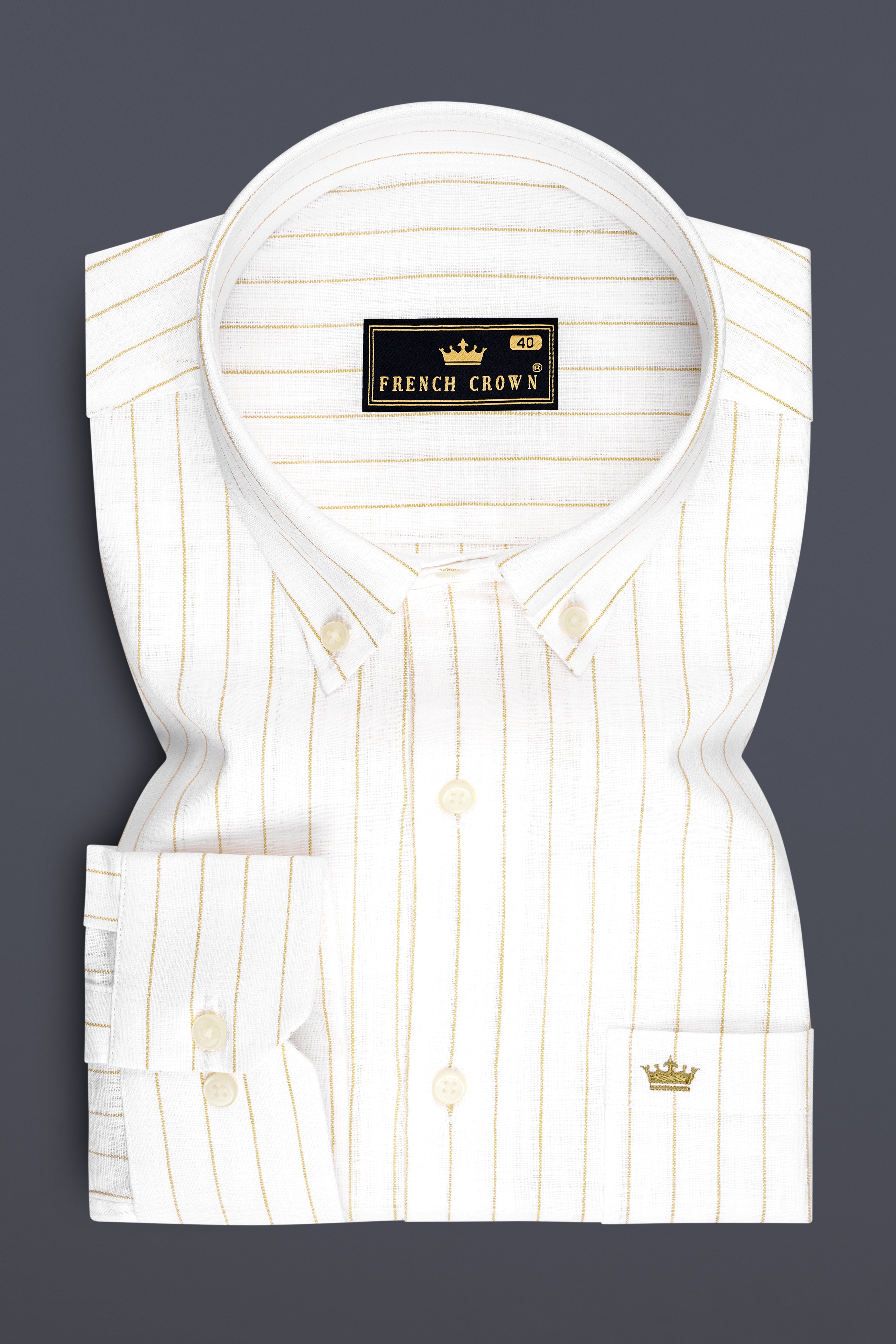 Marlow-Bright White And Sorrell Brown Pin Striped Luxurious Linen Button Down Dress Shirt