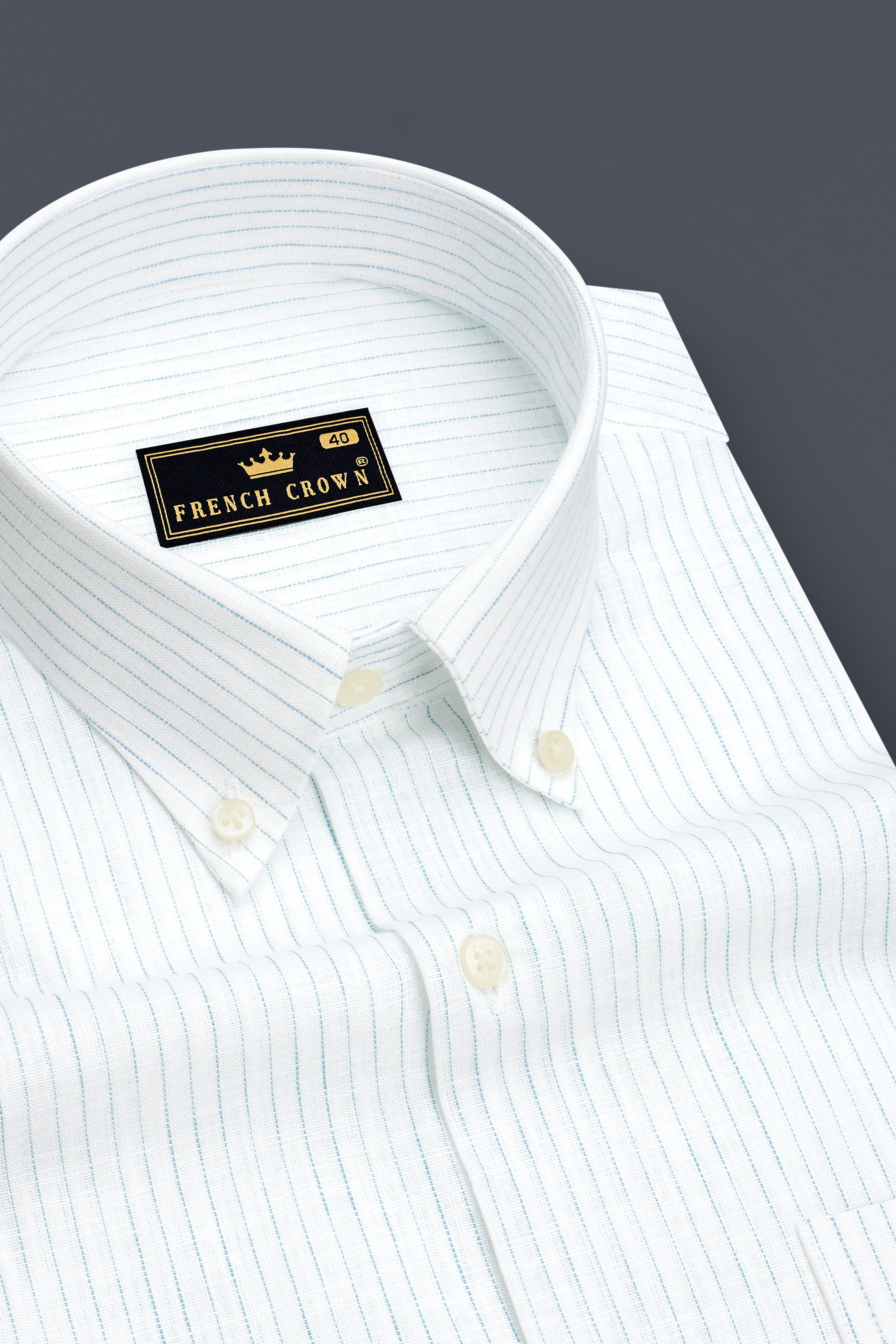 Marina-Bright White And Turquoise Blue Pin Striped Luxurious Linen Button Down Dress Shirt