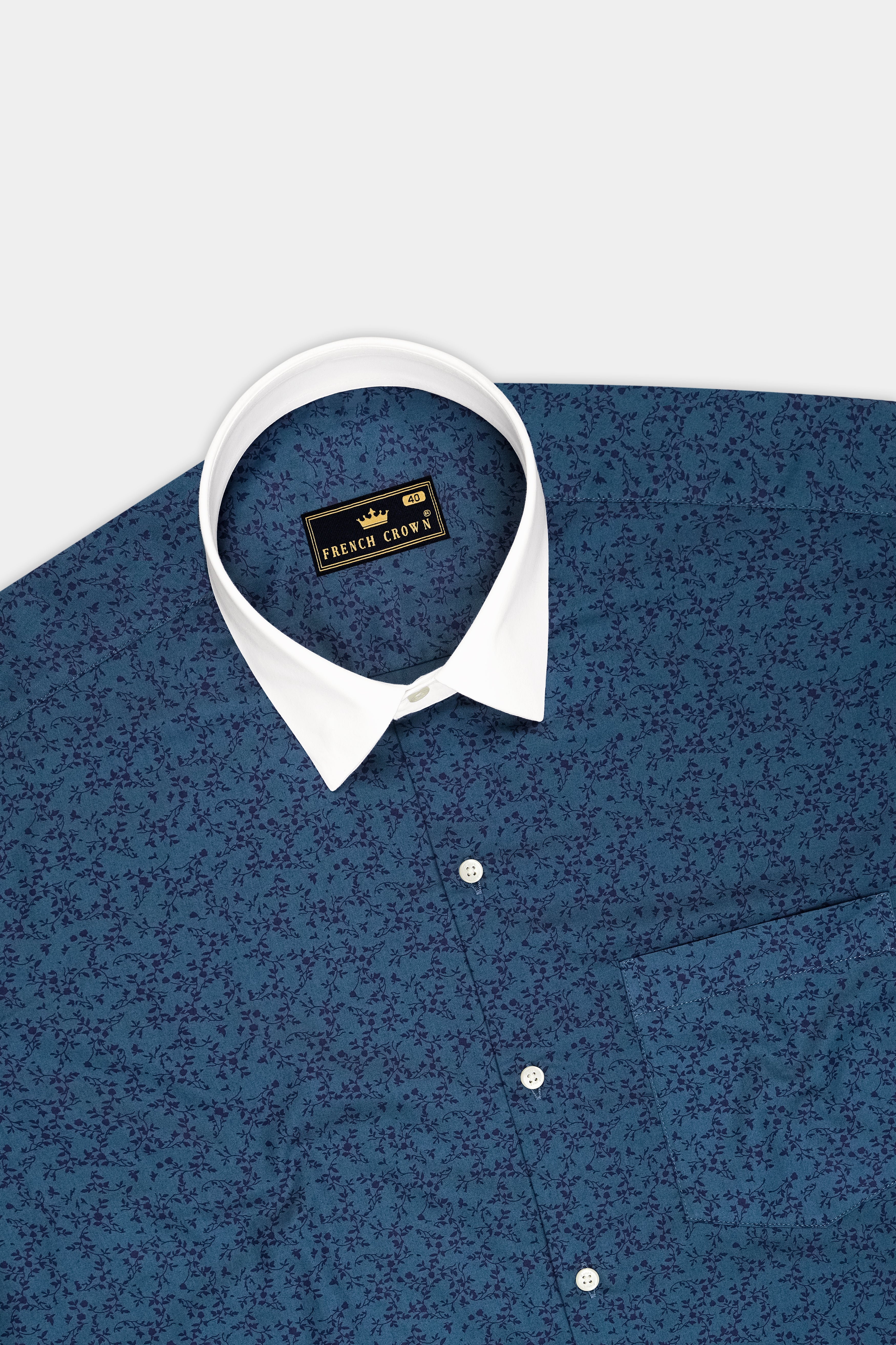 Virelle-Pickled Blue Floral Vine Printed Subtle Sheen Soft Premium Cotton White Cuff Collar Dress Shirt