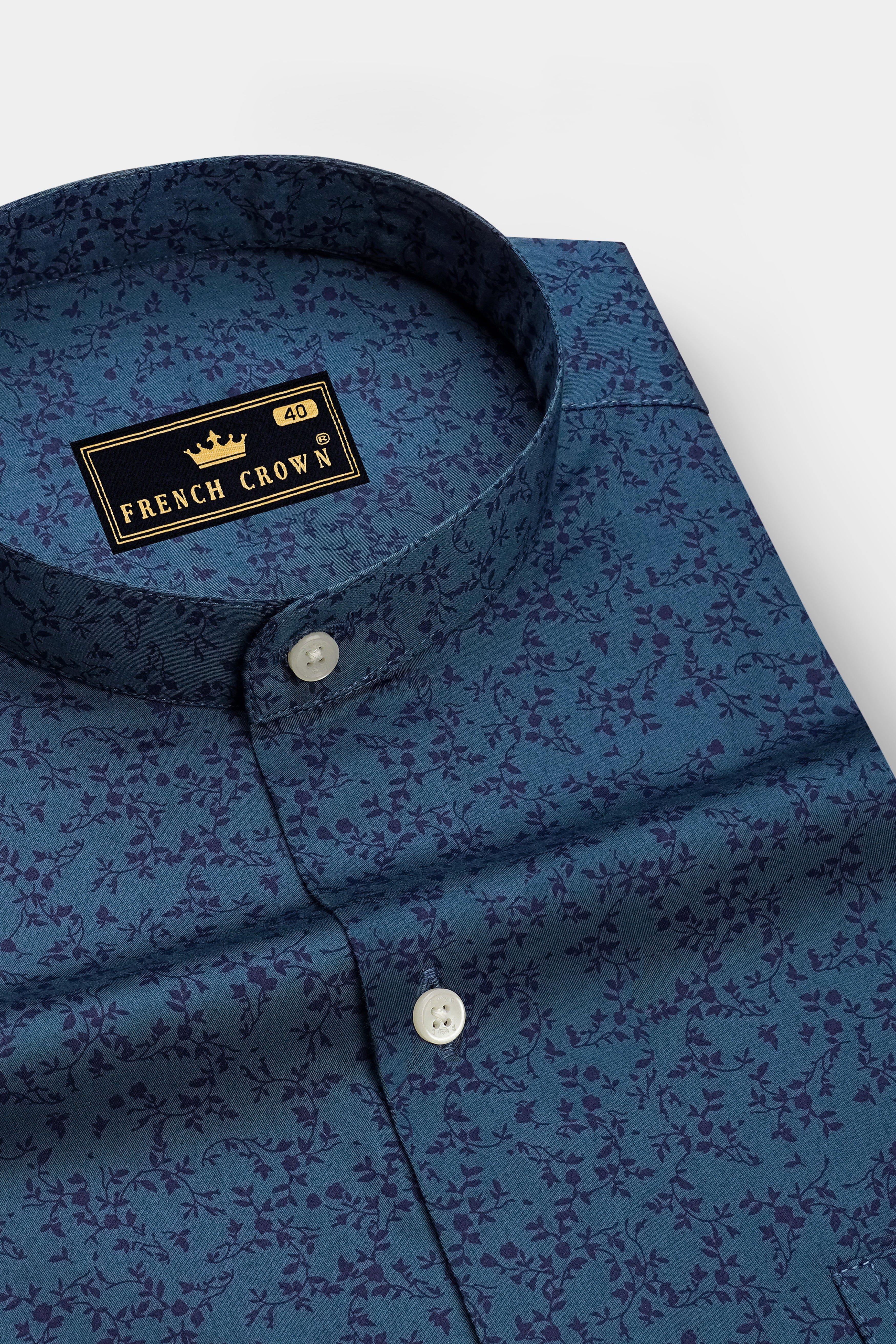 Virelle-Pickled Blue Floral Vine Printed Subtle Sheen Soft Premium Cotton Mandarin Casual Shirt