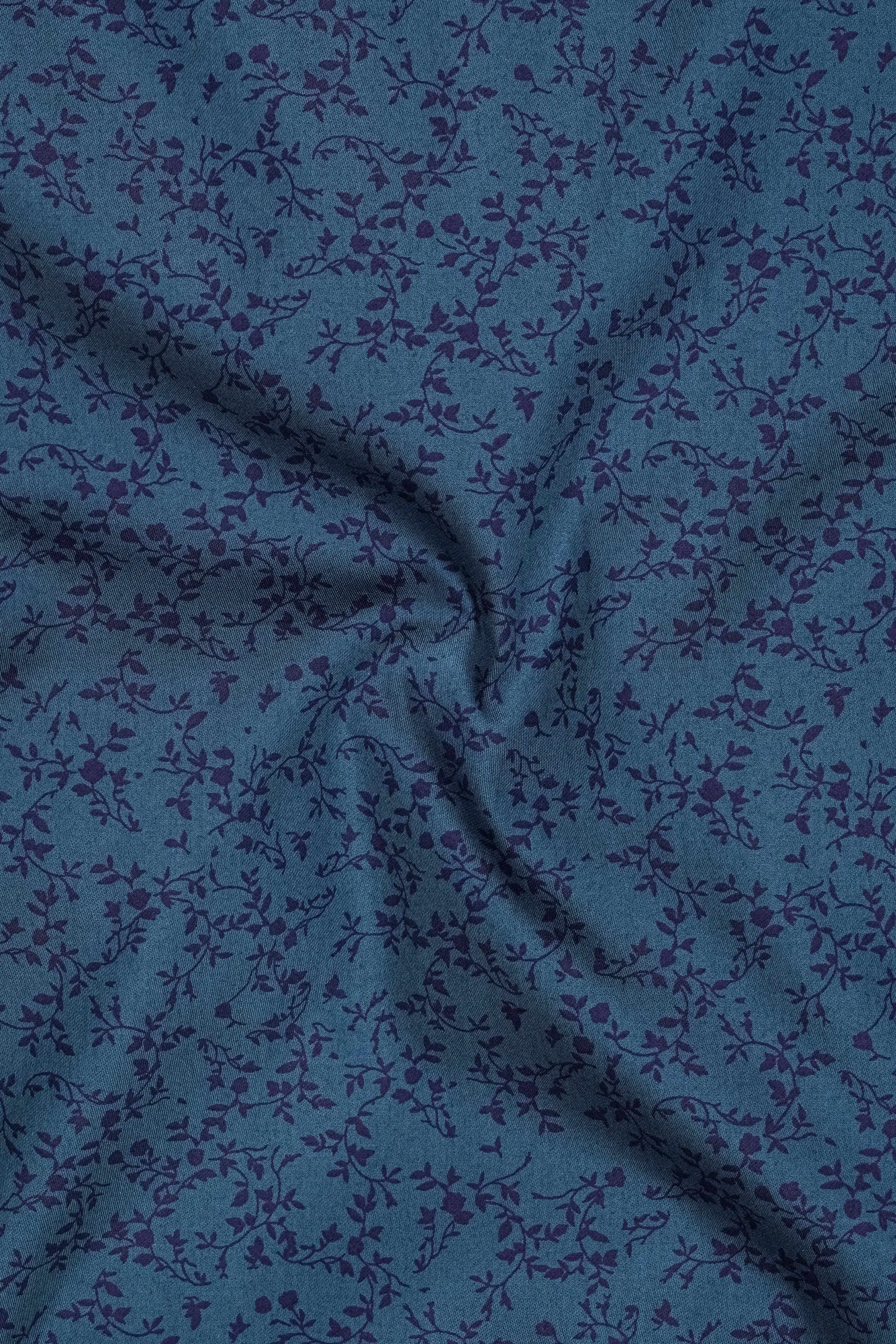 Virelle-Pickled Blue Floral Vine Printed Subtle Sheen Soft Premium Cotton Mandarin Casual Shirt