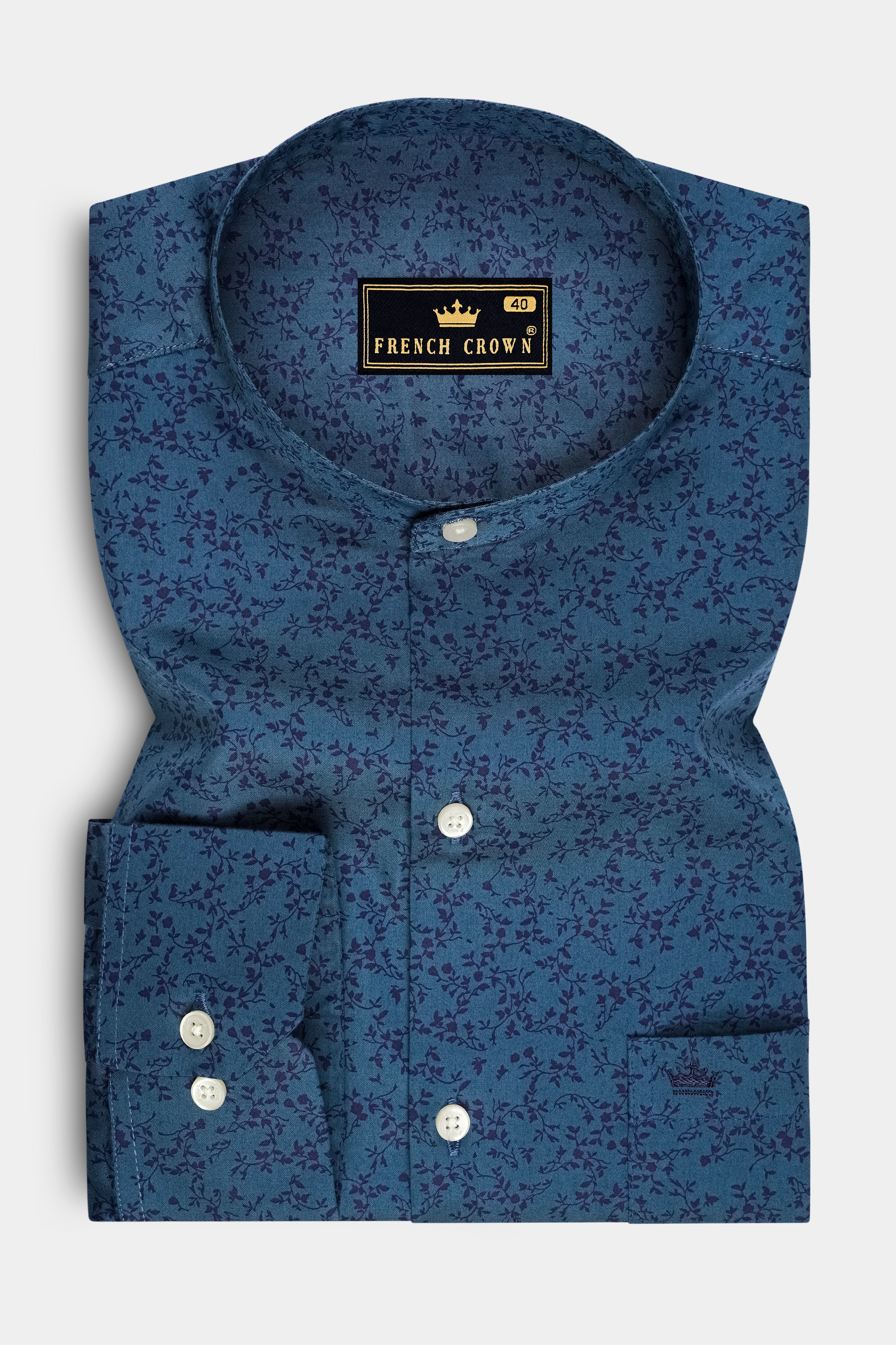 Virelle-Pickled Blue Floral Vine Printed Subtle Sheen Soft Premium Cotton Mandarin Casual Shirt