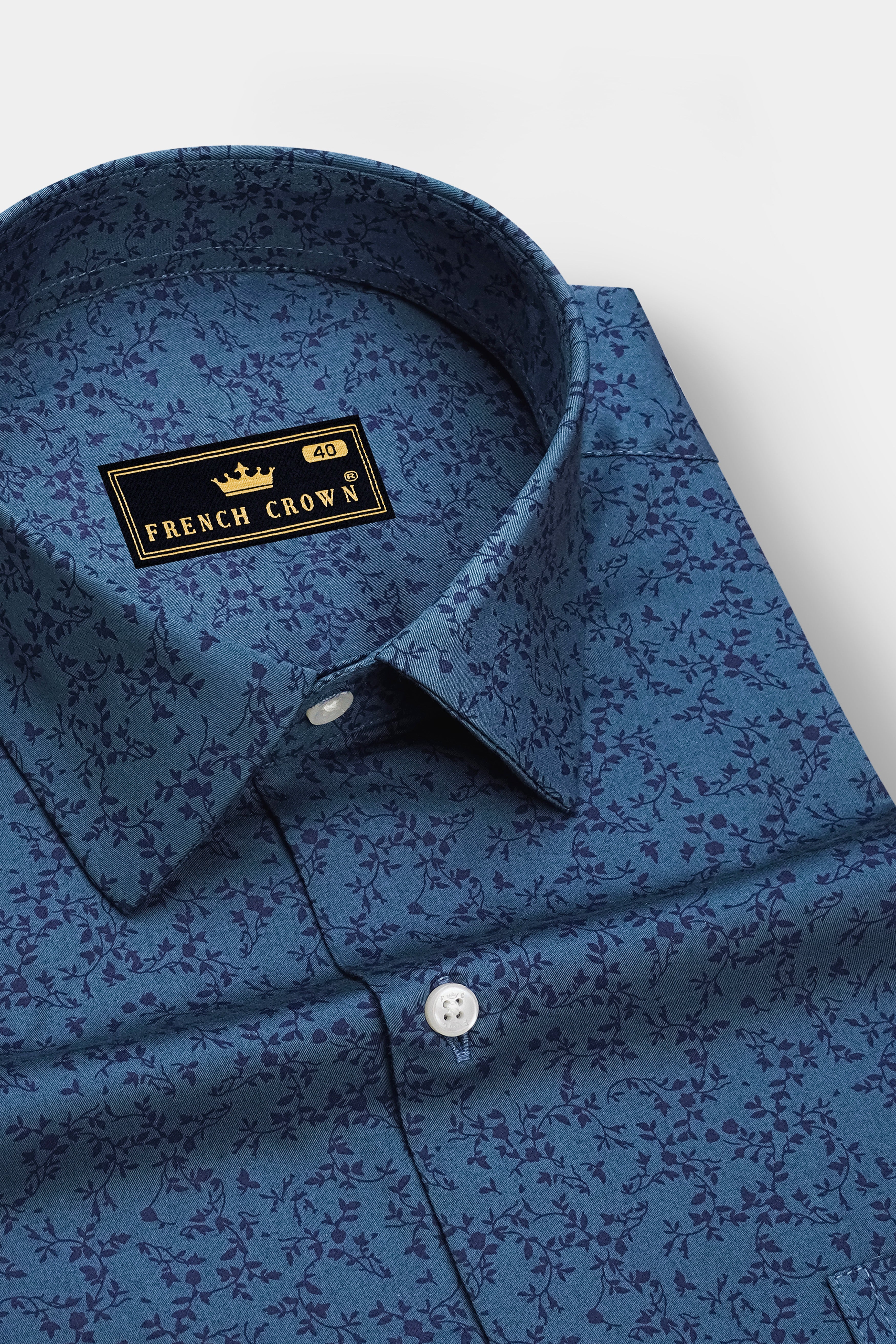 Virelle-Pickled Blue Floral Vine Printed Subtle Sheen Soft Premium Cotton Dress Shirt