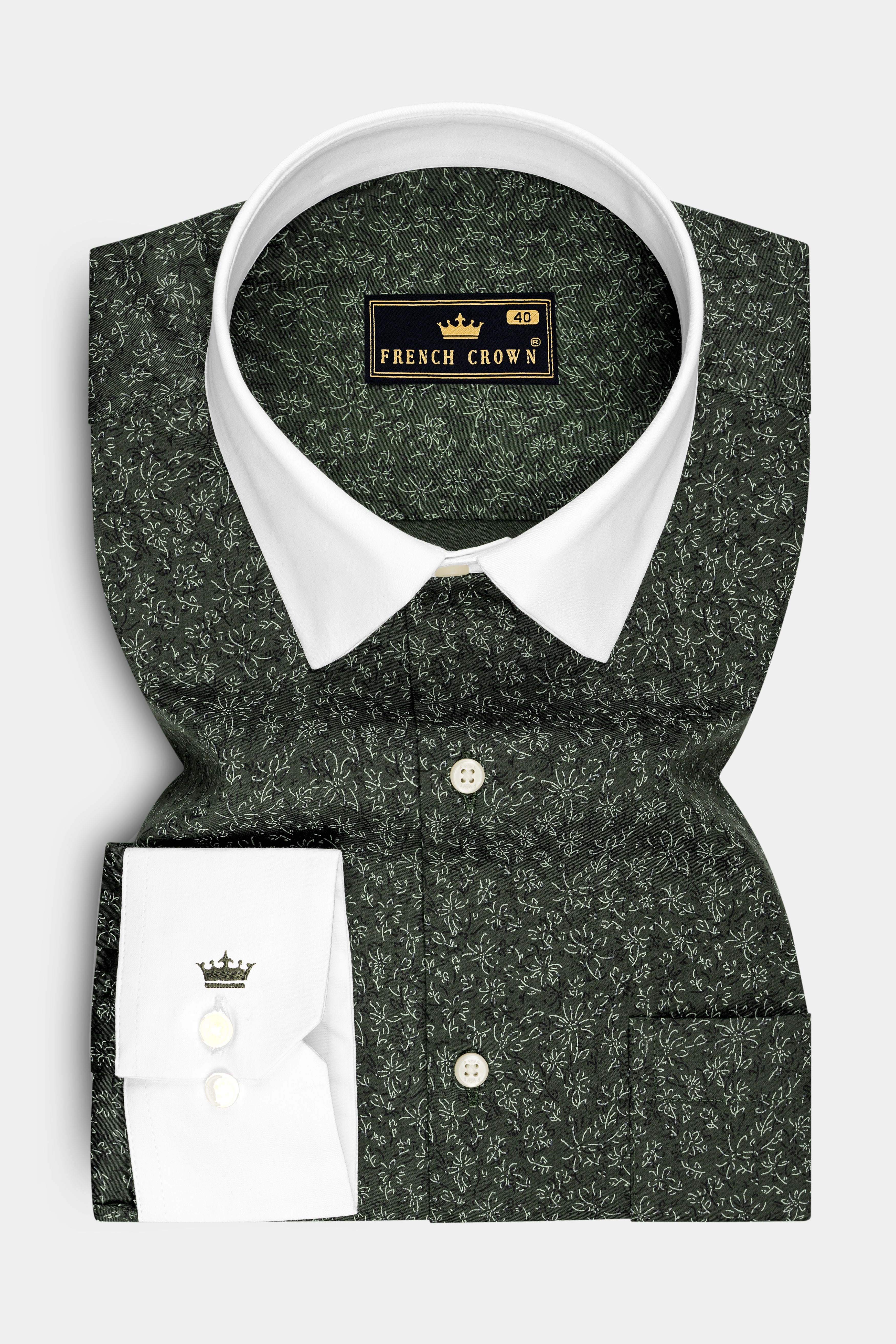 Viridian-Heavy Green Floral Vine Printed Subtle Sheen Soft Premium Cotton White Cuff Collar Dress Shirt