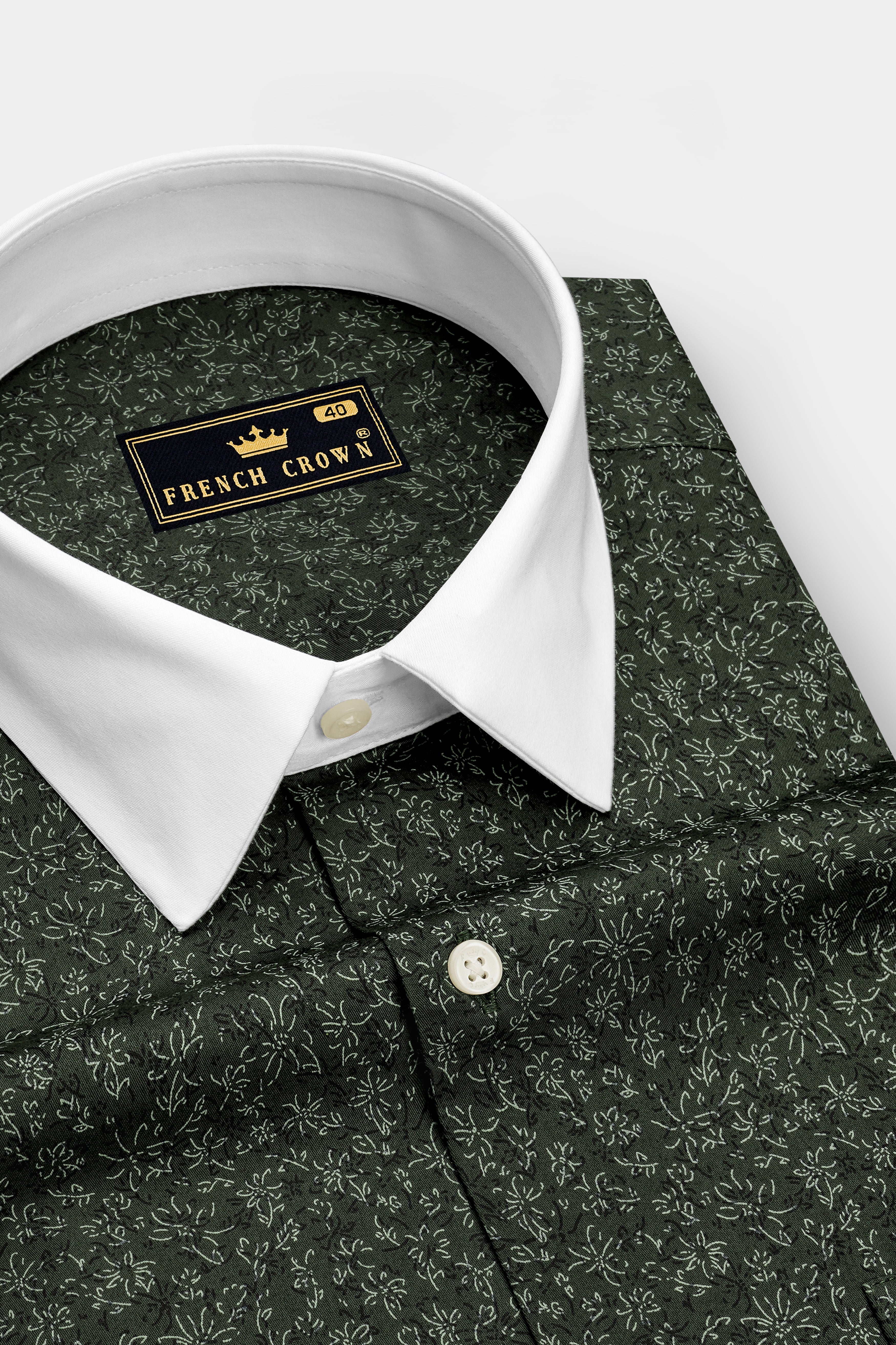 Viridian-Heavy Green Floral Vine Printed Subtle Sheen Soft Premium Cotton White Cuff Collar Dress Shirt