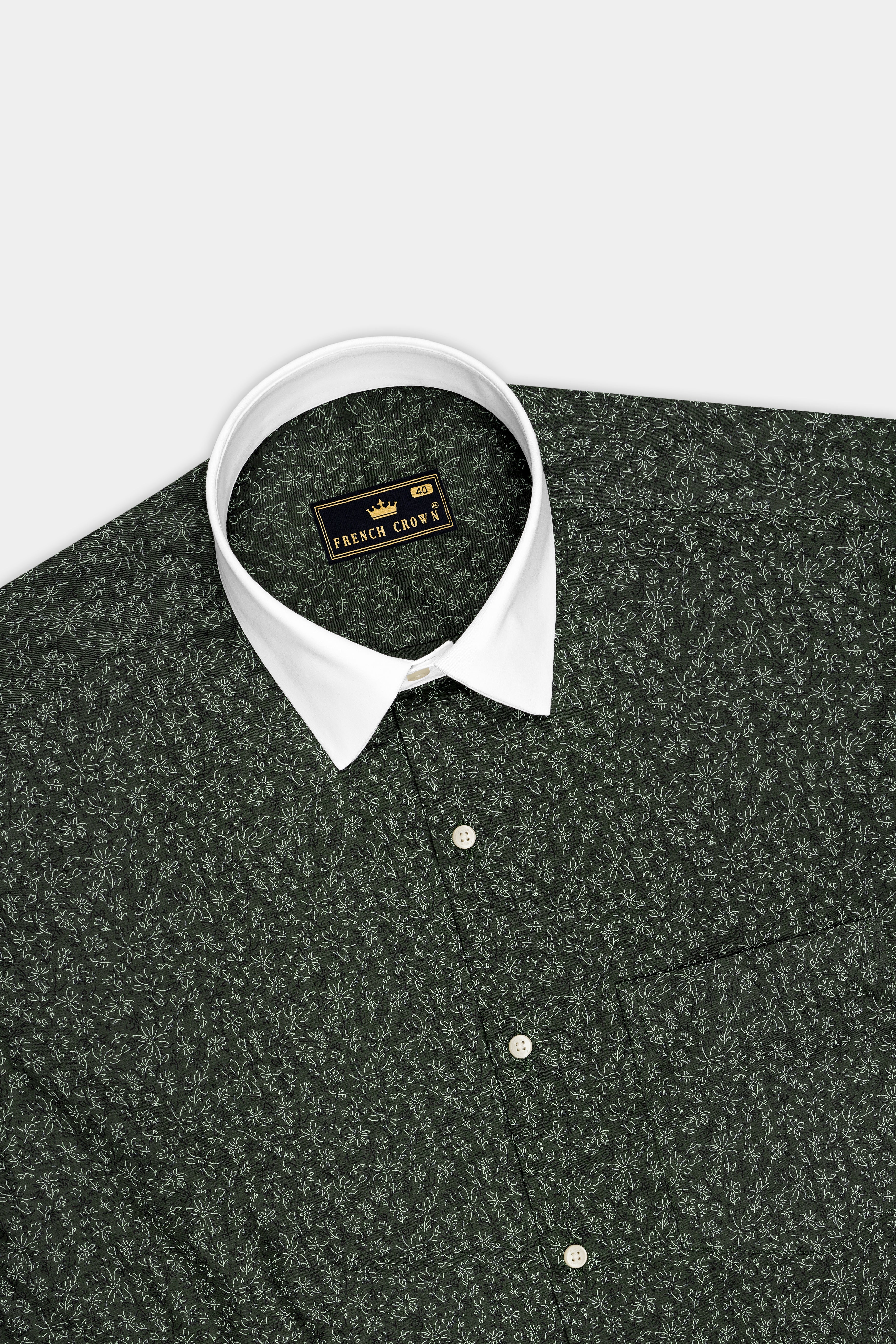 Viridian-Heavy Green Floral Vine Printed Subtle Sheen Soft Premium Cotton White Cuff Collar Dress Shirt