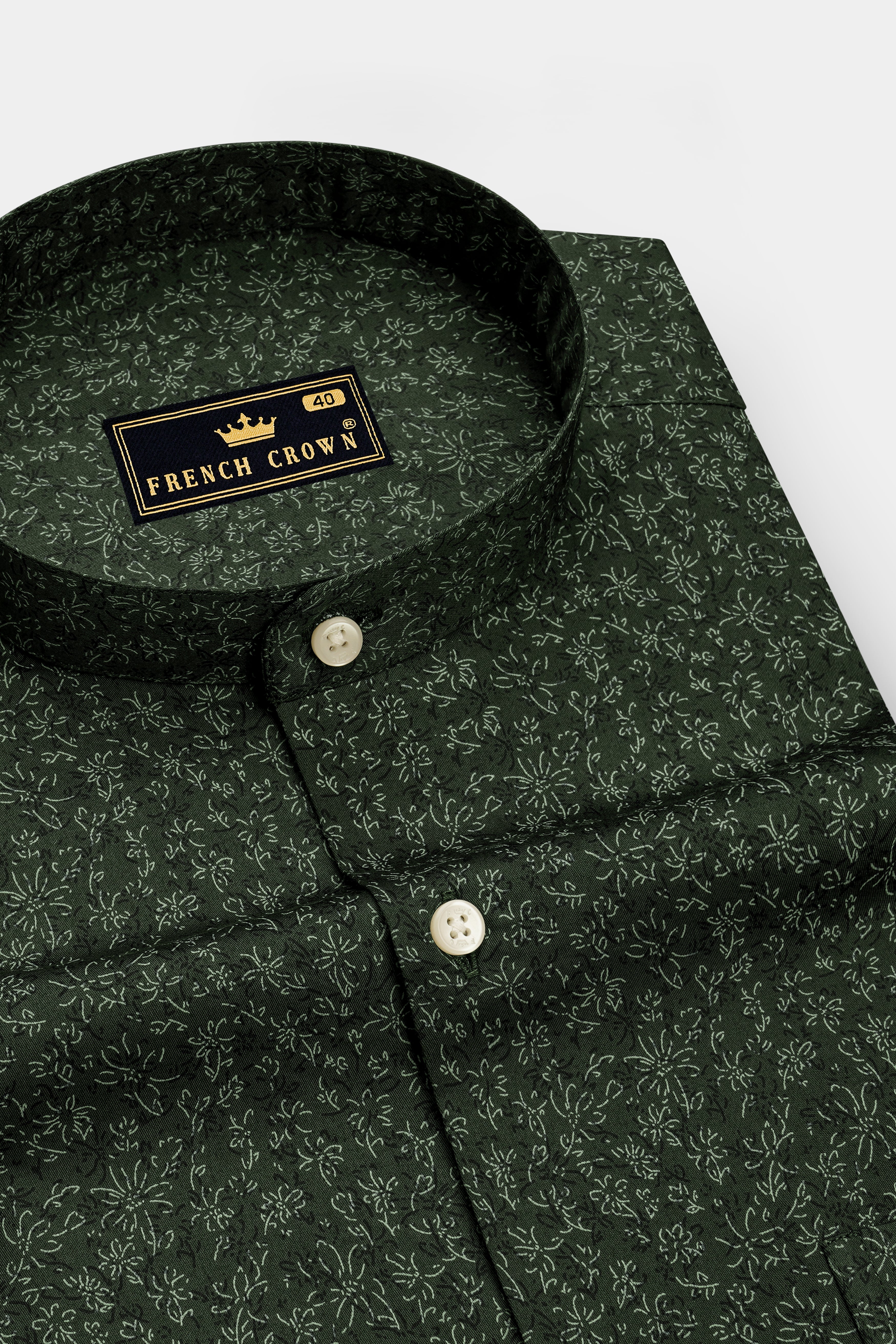 Viridian-Heavy Green Floral Vine Printed Subtle Sheen Soft Premium Cotton Mandarin Casual Shirt