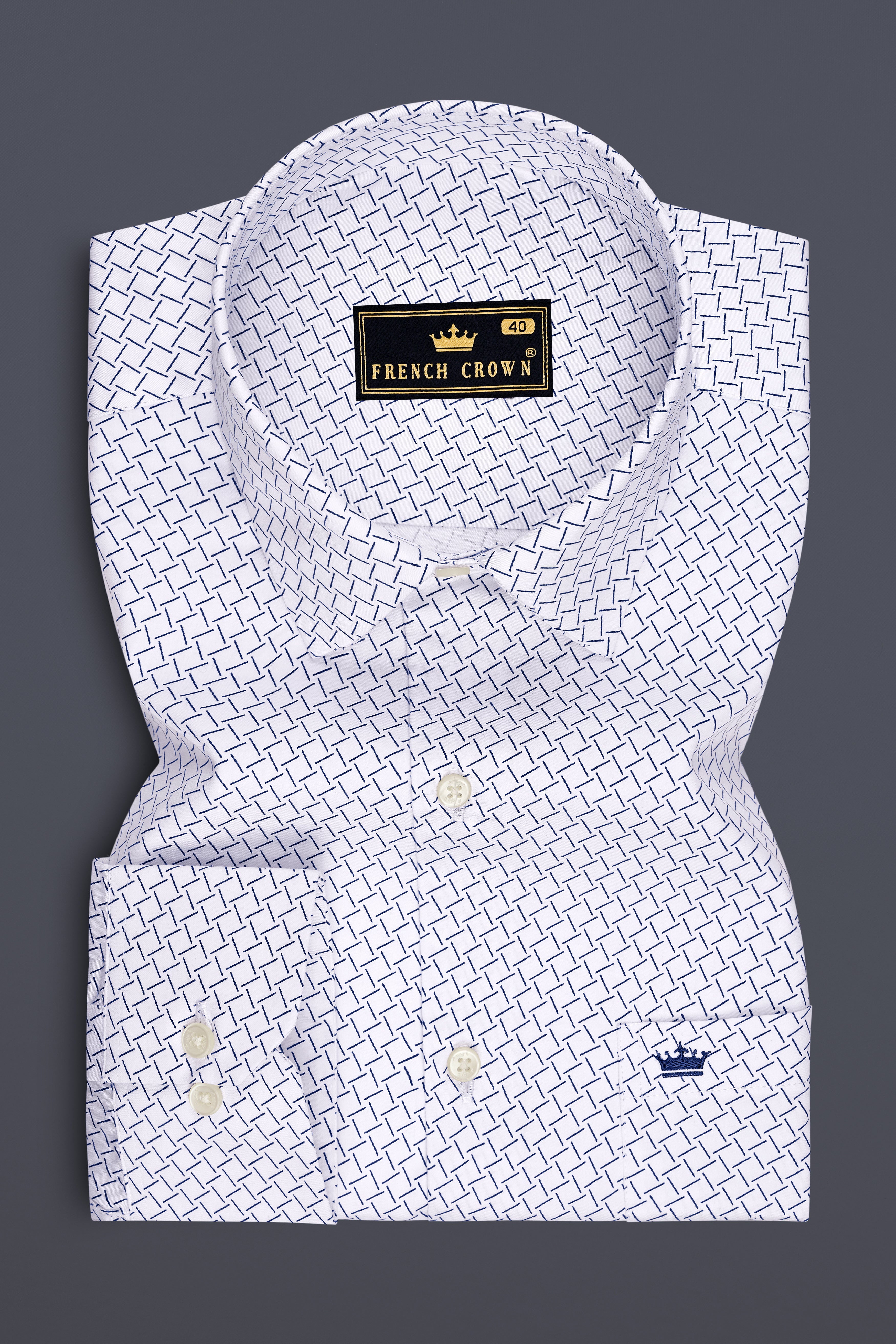 Loomis-Bright White And Twilight Blue Basketweave Printed Subtle Sheen Soft Premium Cotton Dress Shirt
