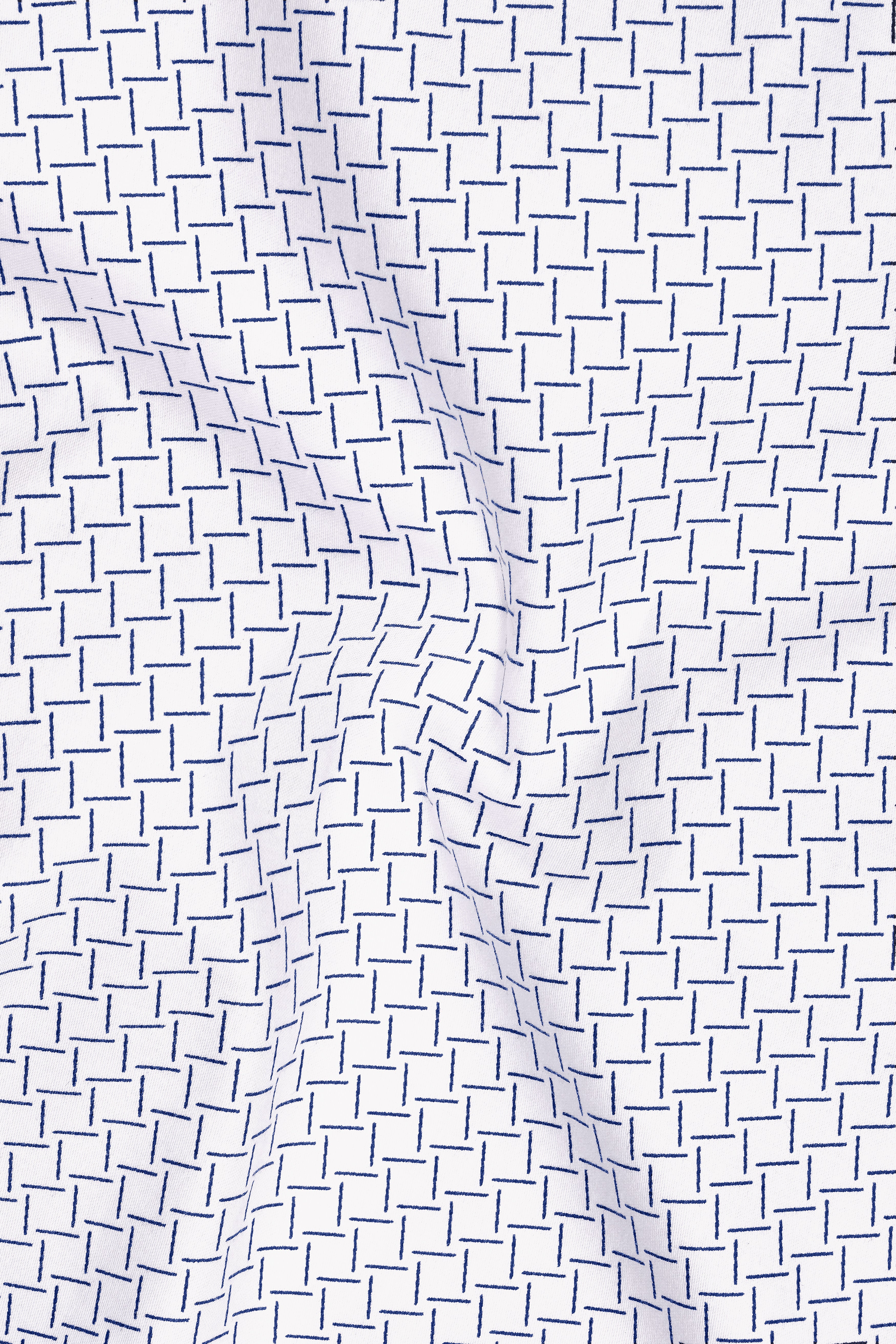 Loomis-Bright White And Twilight Blue Basketweave Printed Subtle Sheen Soft Premium Cotton Mandarin Casual Shirt