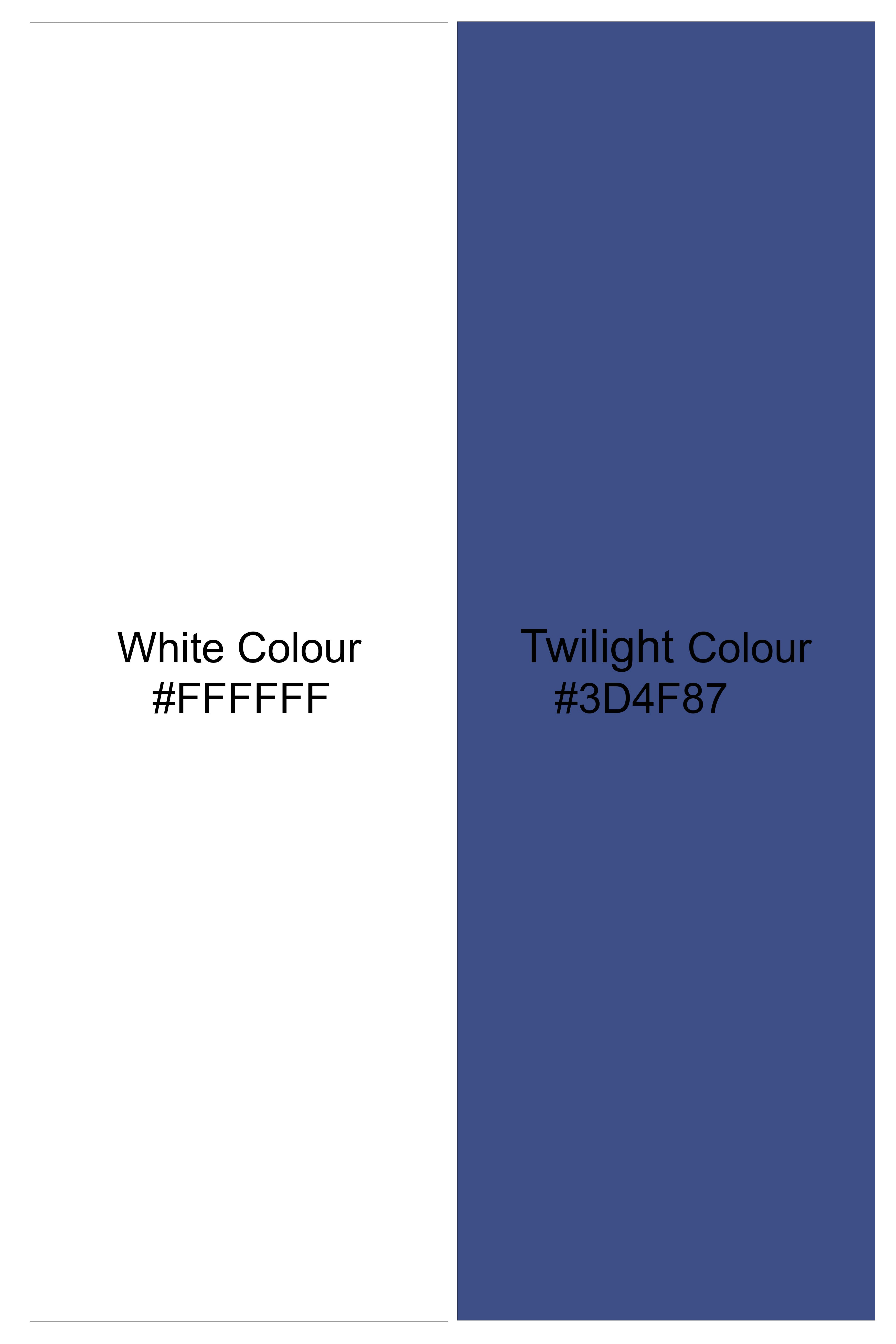 Loomis-Bright White And Twilight Blue Basketweave Printed Subtle Sheen Soft Premium Cotton Mandarin Casual Shirt
