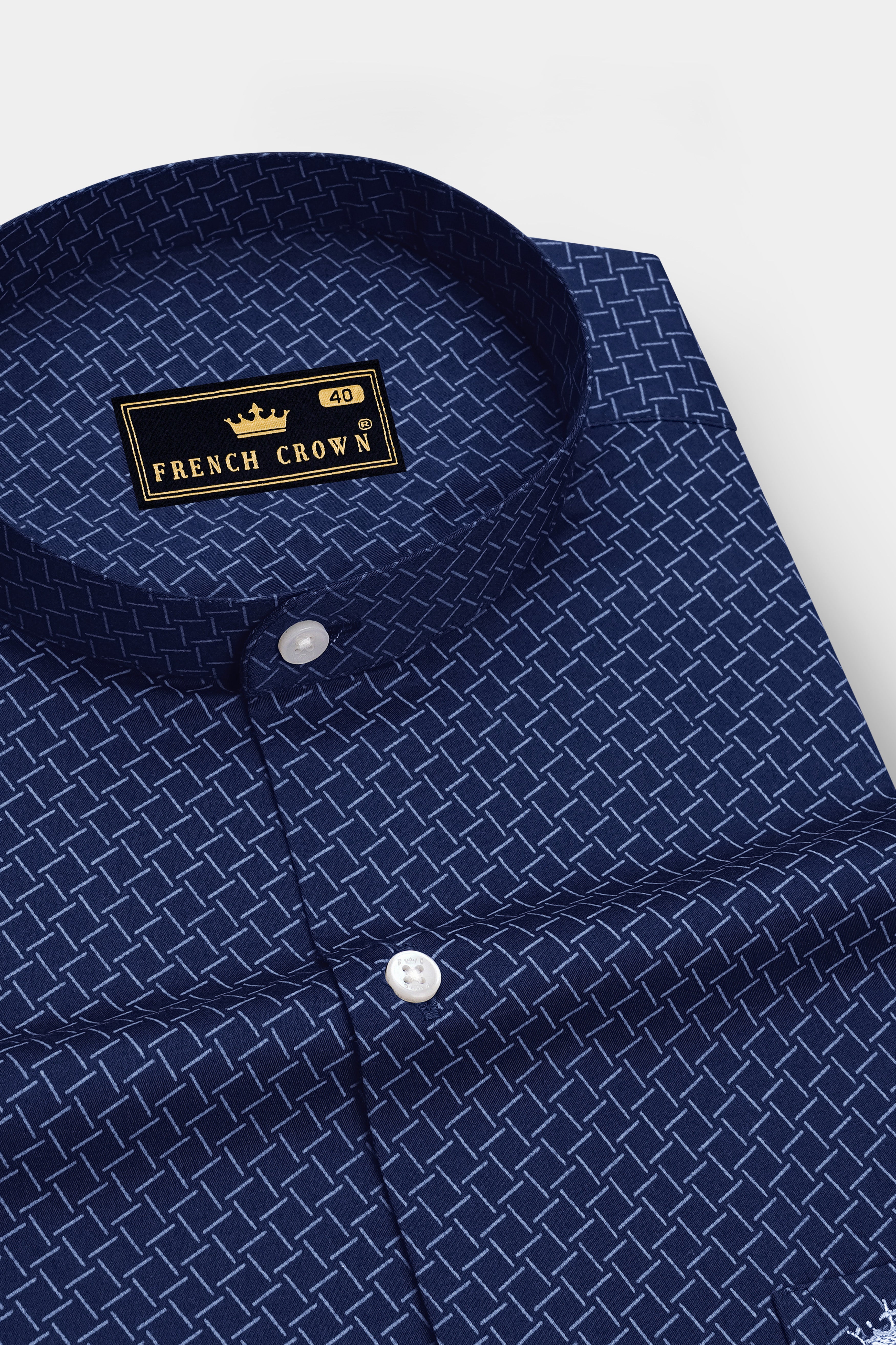 Nexus-Zodiac Blue And Bright White Basketweave Printed Subtle Sheen Soft Premium Cotton Mandarin Casual Shirt
