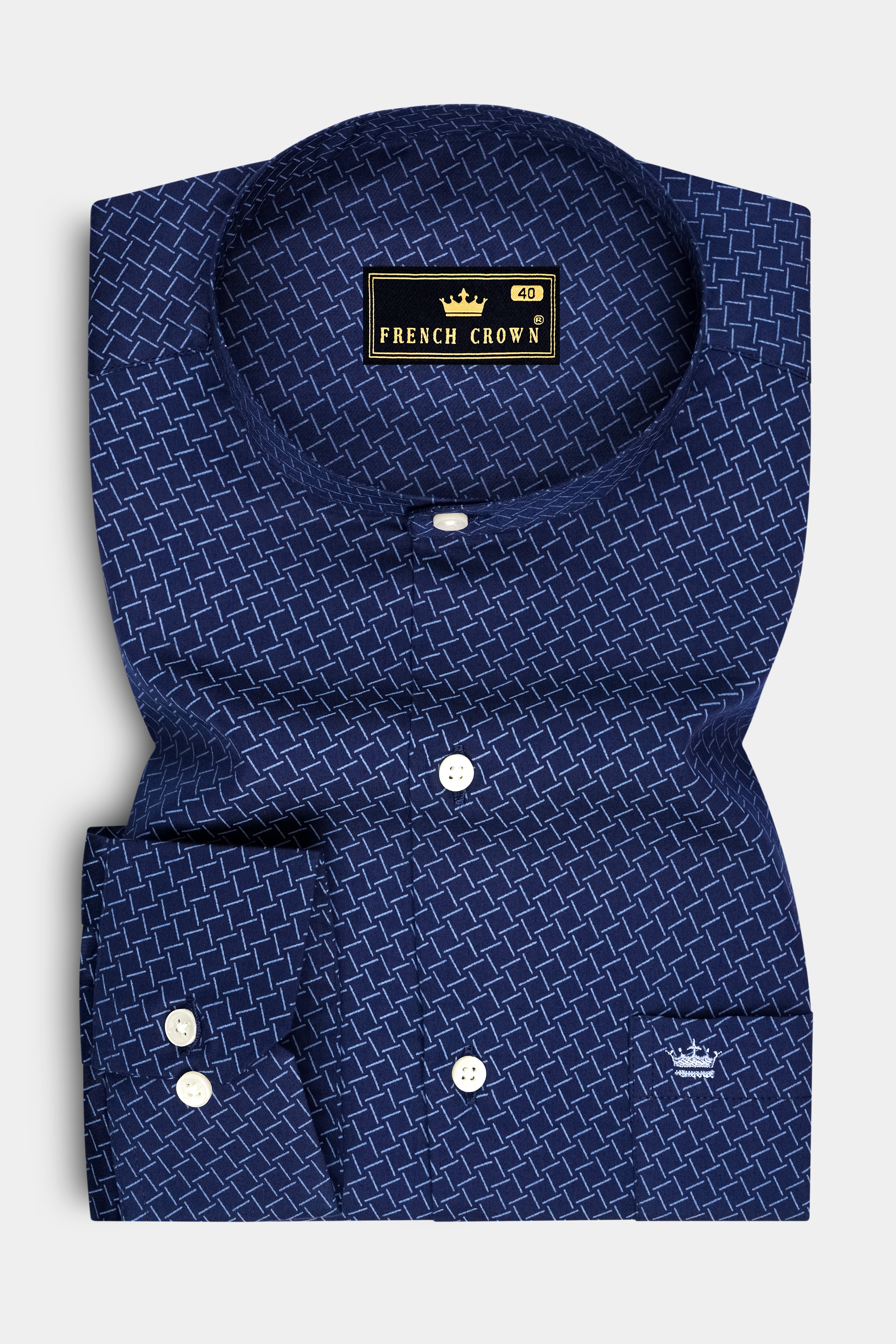 Nexus-Zodiac Blue And Bright White Basketweave Printed Subtle Sheen Soft Premium Cotton Mandarin Casual Shirt