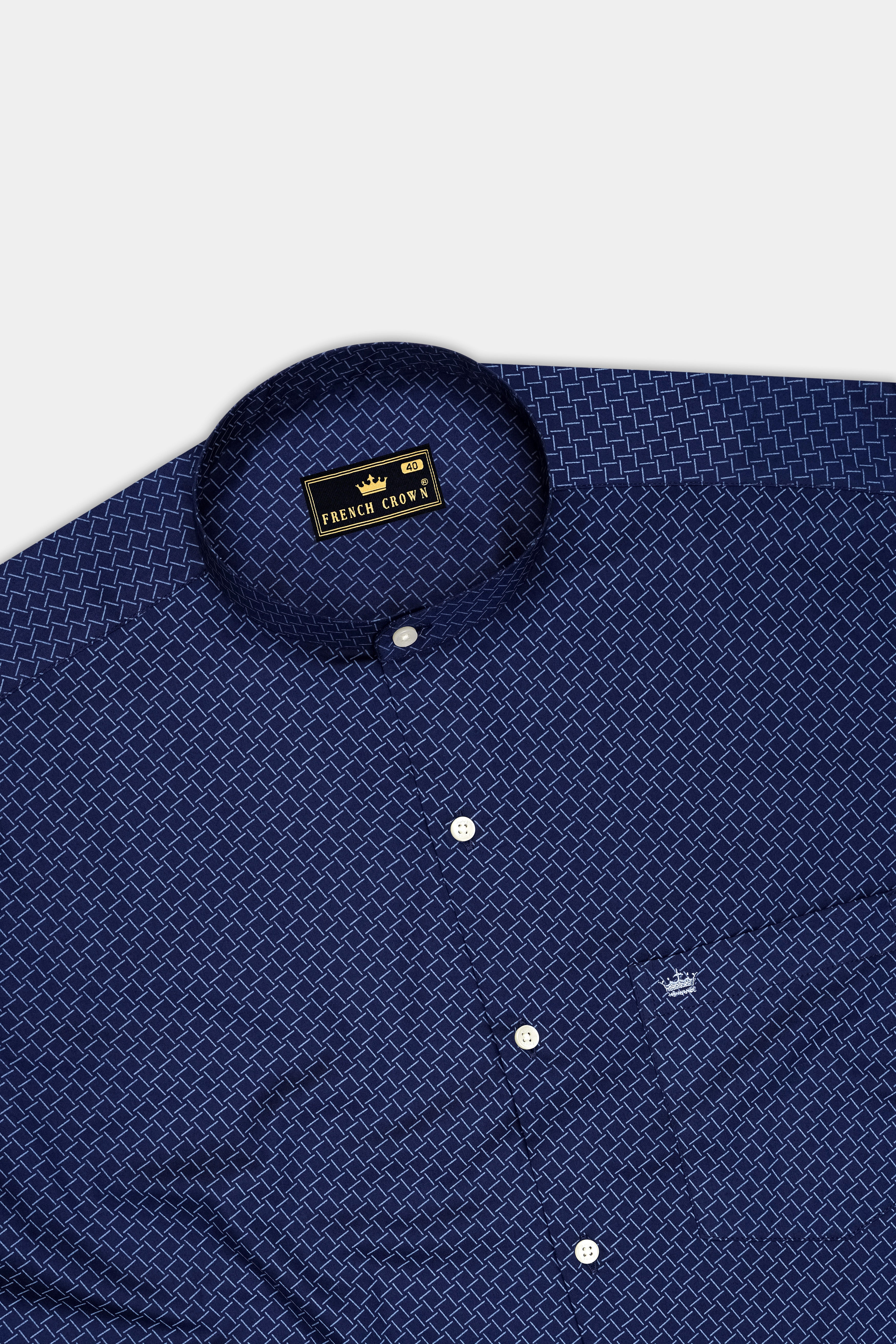 Nexus-Zodiac Blue And Bright White Basketweave Printed Subtle Sheen Soft Premium Cotton Mandarin Casual Shirt