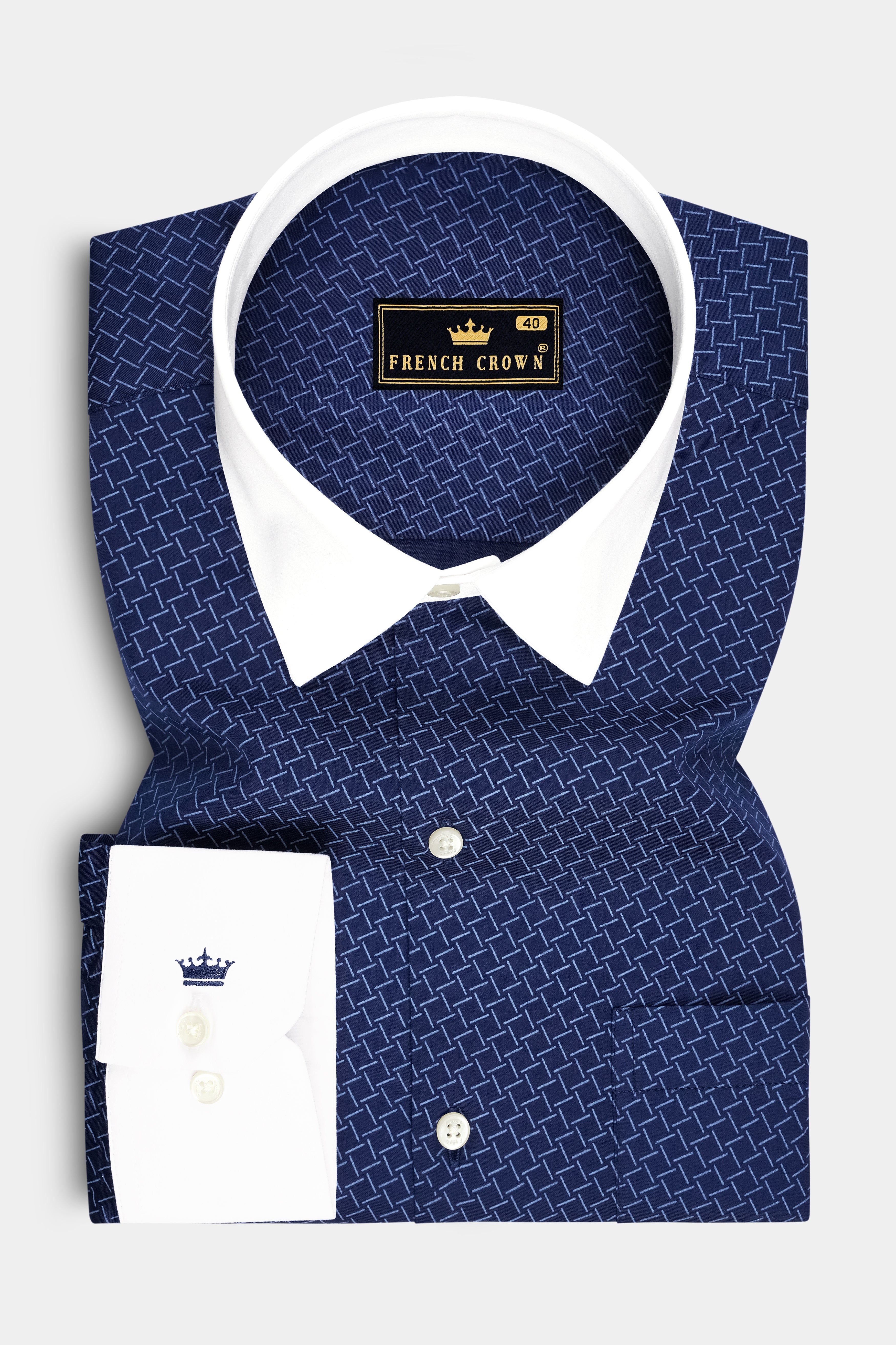 Nexus-Zodiac Blue And Bright White Basketweave Printed Subtle Sheen Soft Premium Cotton White Cuff Collar Dress Shirt