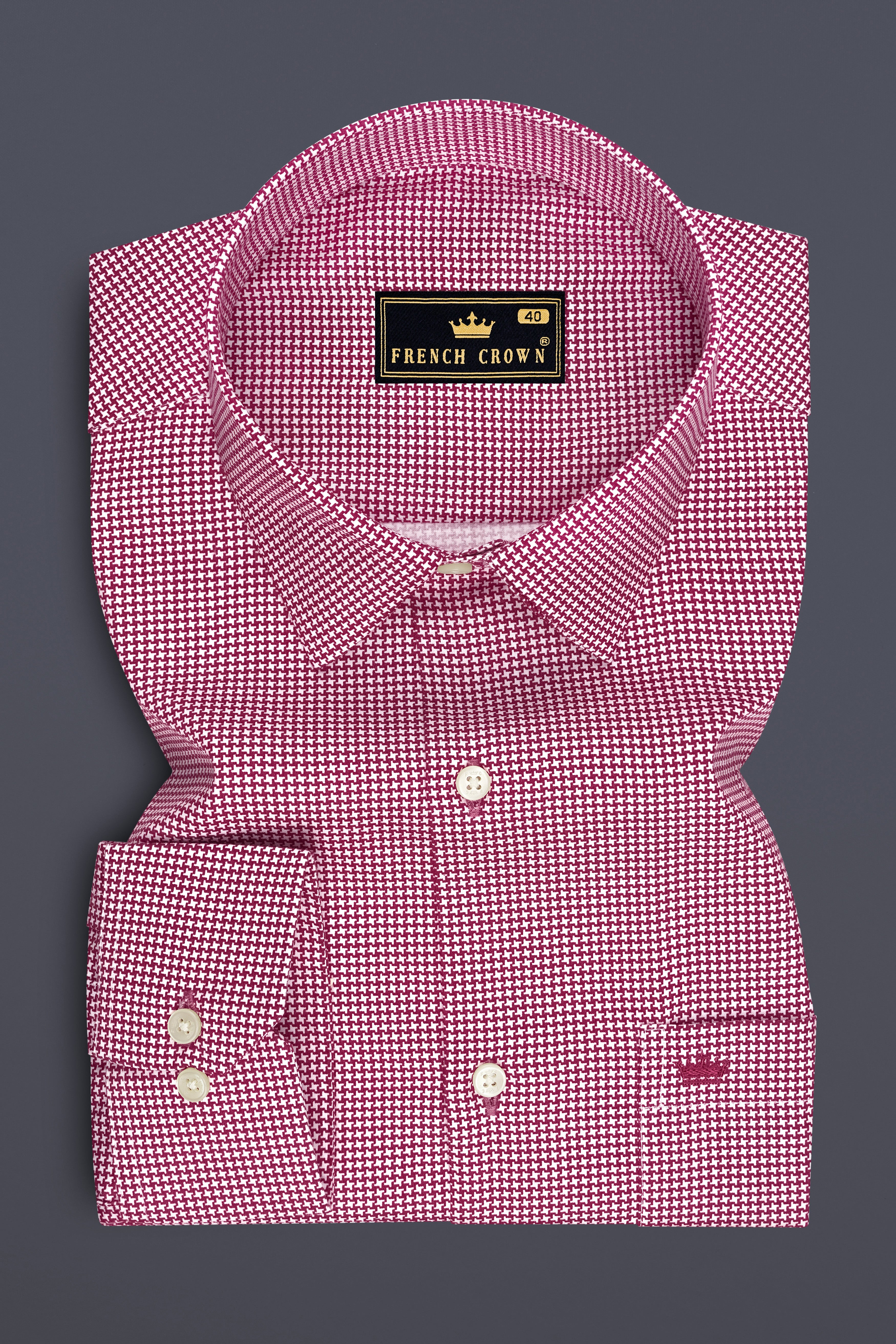 Lumier-Mulberry Pink Houndstooth Printed Subtle Sheen Super Soft Premium Cotton Dress Shirt