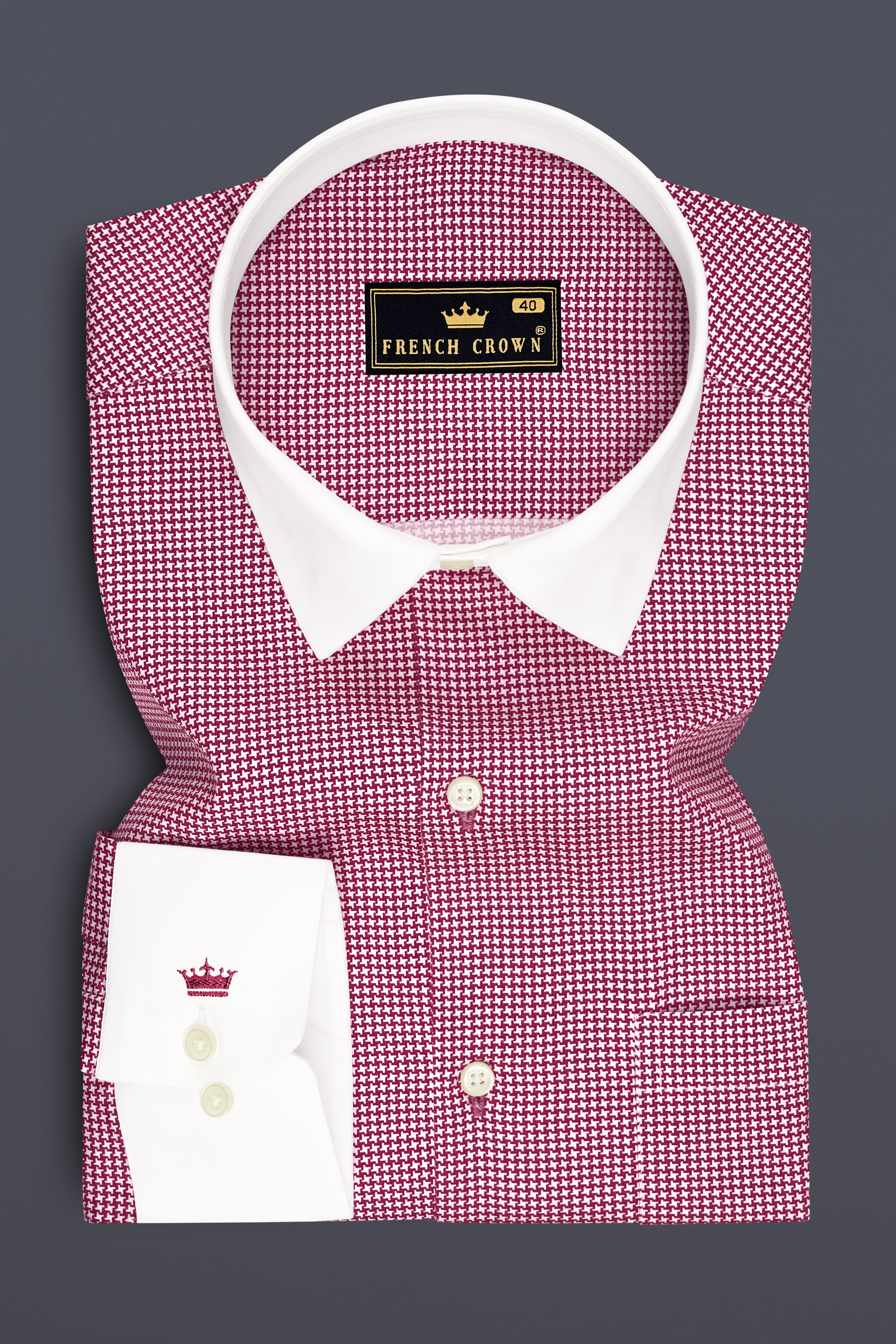 Lumier-Mulberry Pink Houndstooth Printed Subtle Sheen Super Soft Premium Cotton White Cuff Collar Dress Shirt
