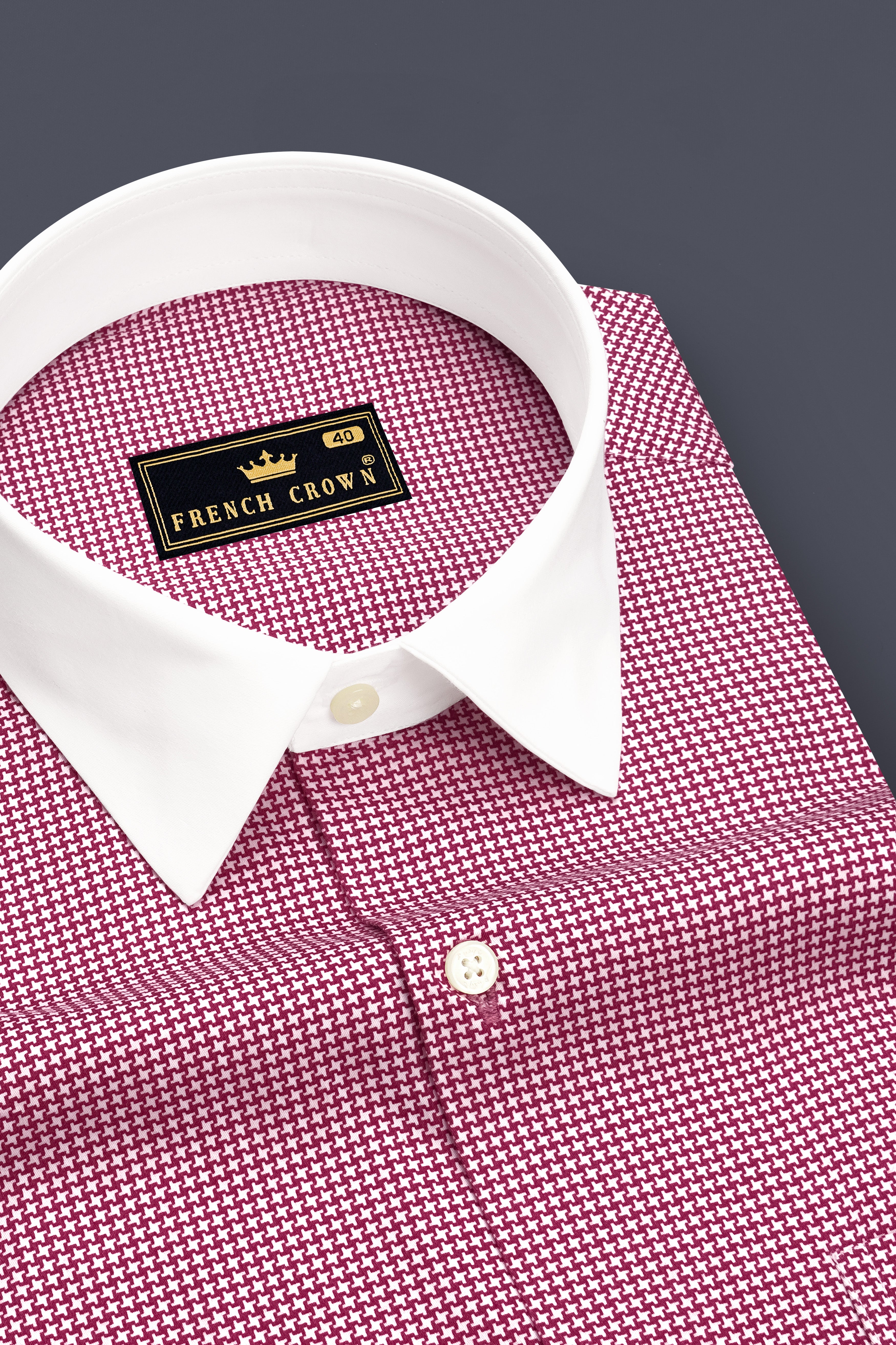 Lumier-Mulberry Pink Houndstooth Printed Subtle Sheen Super Soft Premium Cotton White Cuff Collar Dress Shirt