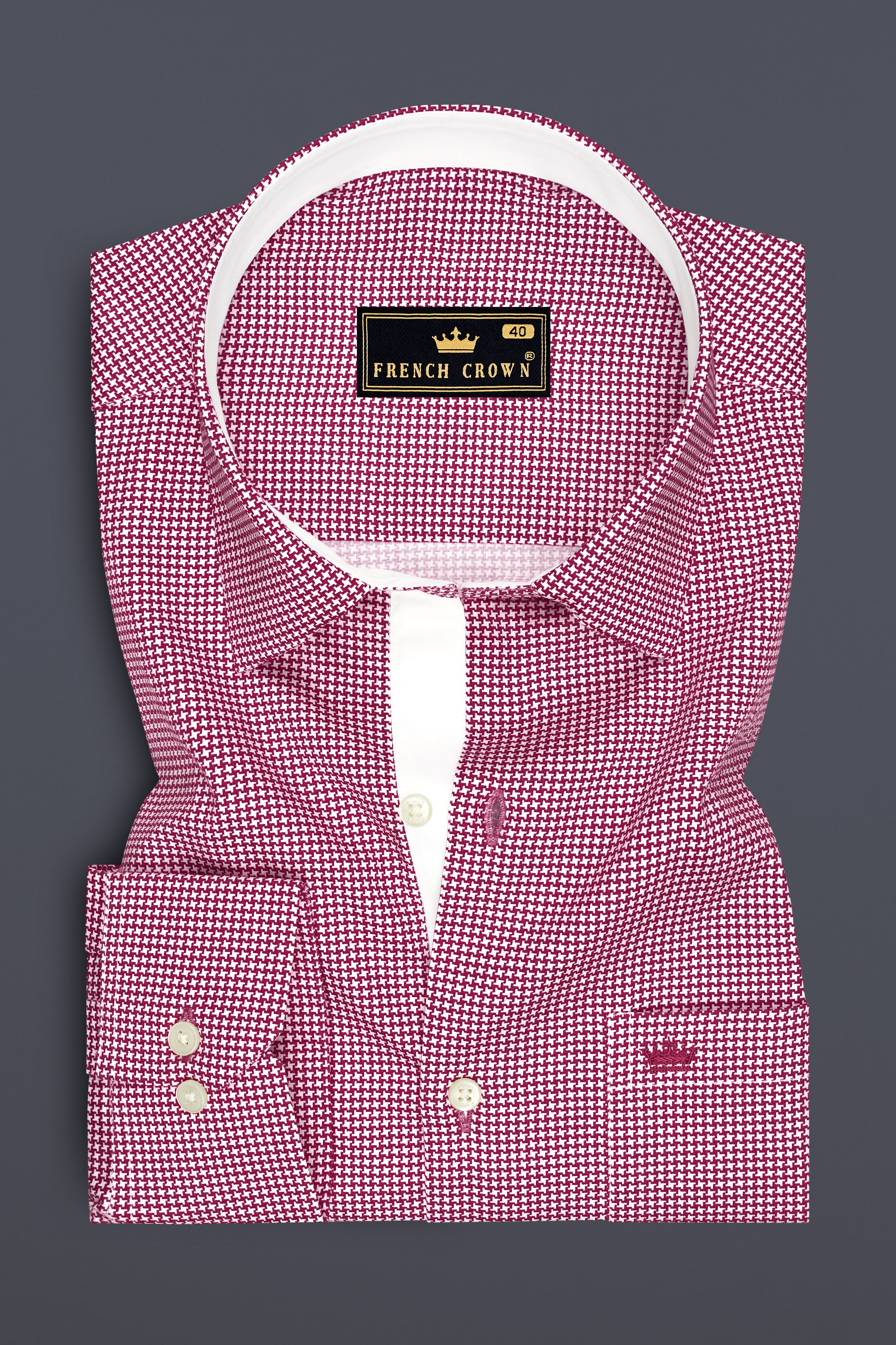 Lumier-Mulberry Pink Houndstooth Printed Subtle Sheen Soft Premium Cotton Dress Shirt