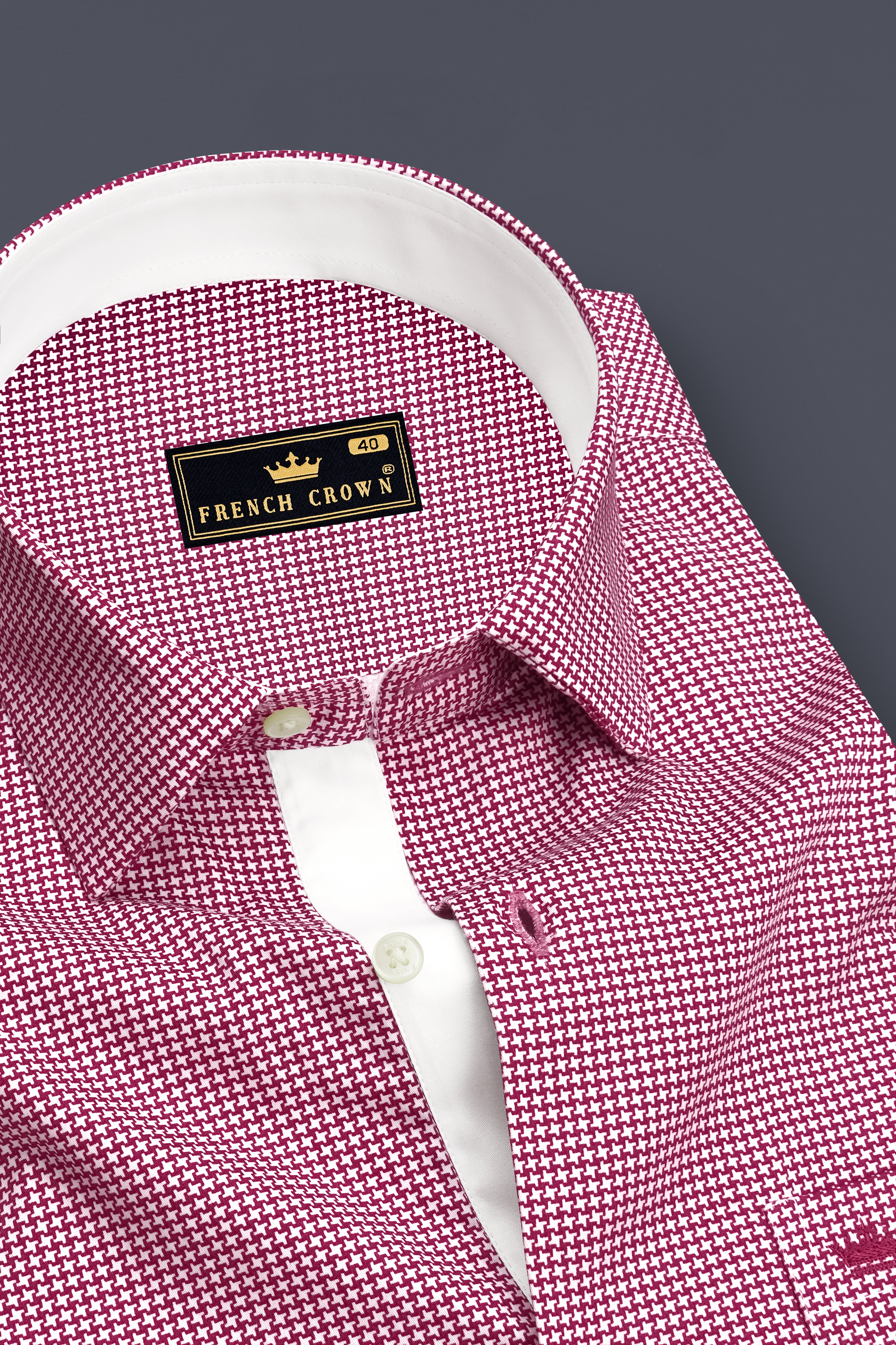 Lumier-Mulberry Pink Houndstooth Printed Subtle Sheen Soft Premium Cotton Dress Shirt