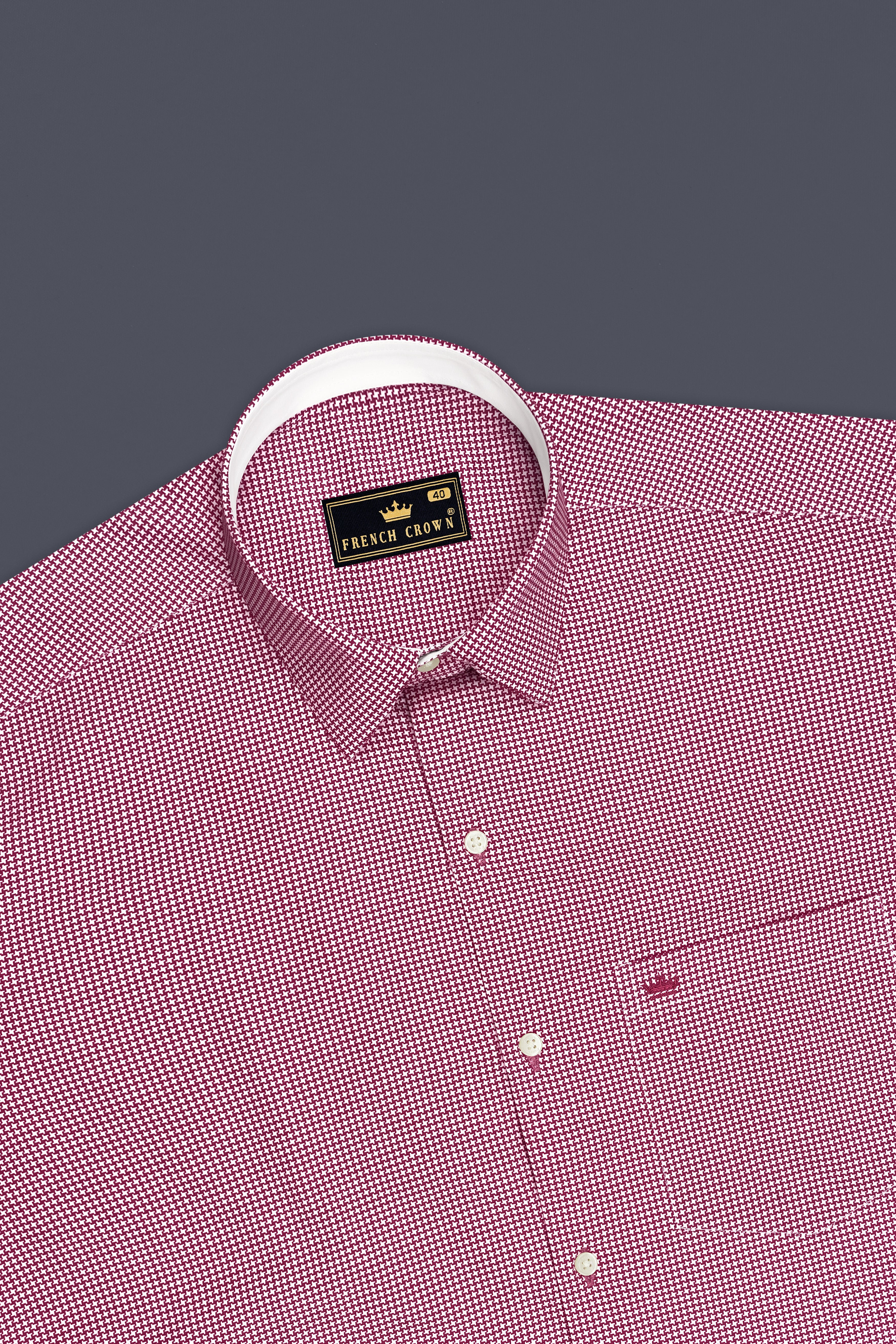 Lumier-Mulberry Pink Houndstooth Printed Subtle Sheen Soft Premium Cotton Dress Shirt