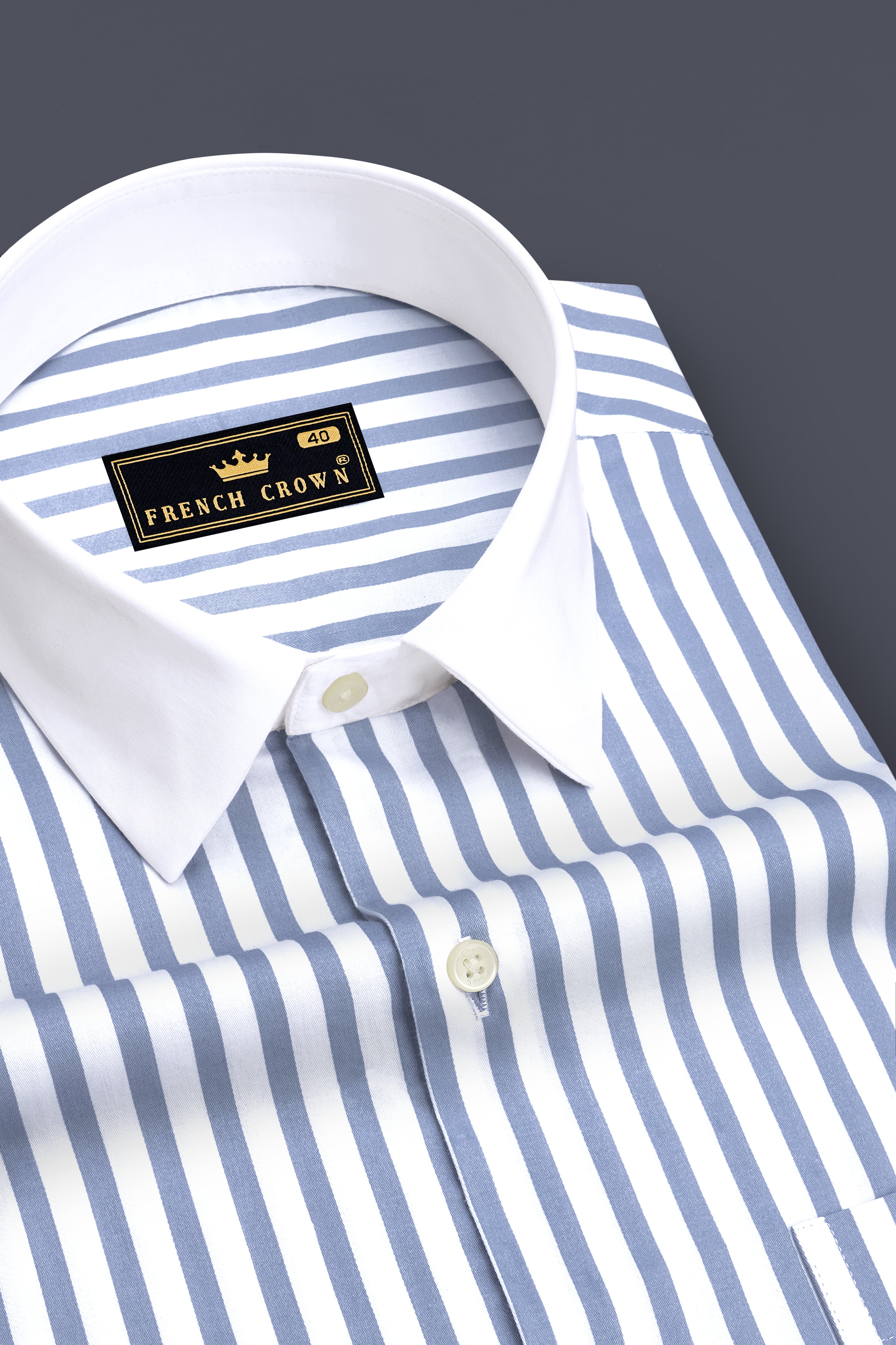 Strivon-Steel Blue And Bright White Candy Striped Subtle Sheen Super Soft Premium Cotton White Cuff Collar Dress Shirt