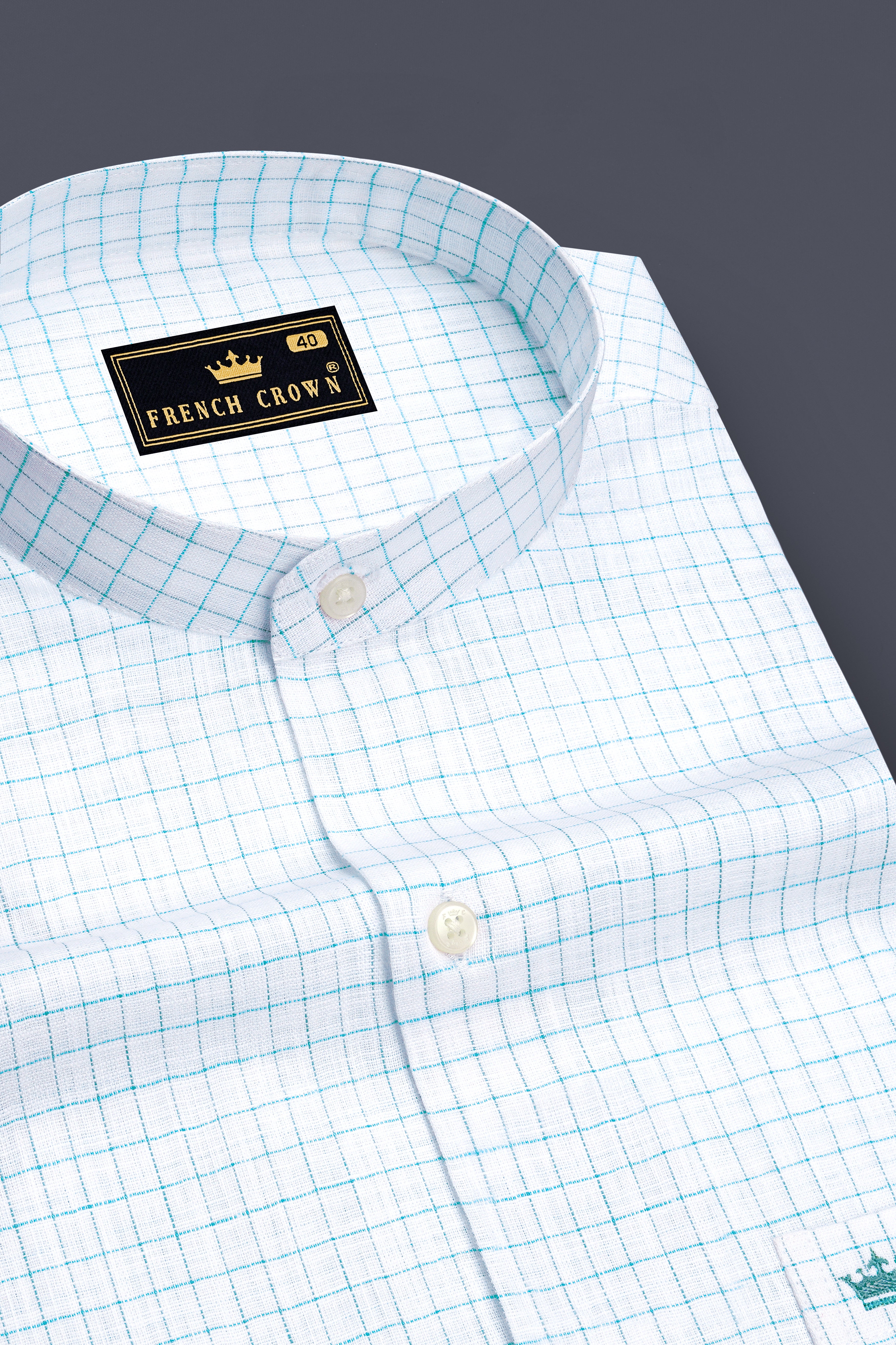 Zephyr-Bright White And Aquamarine Blue Windowpane Luxurious Linen Mandarin Casual Shirt