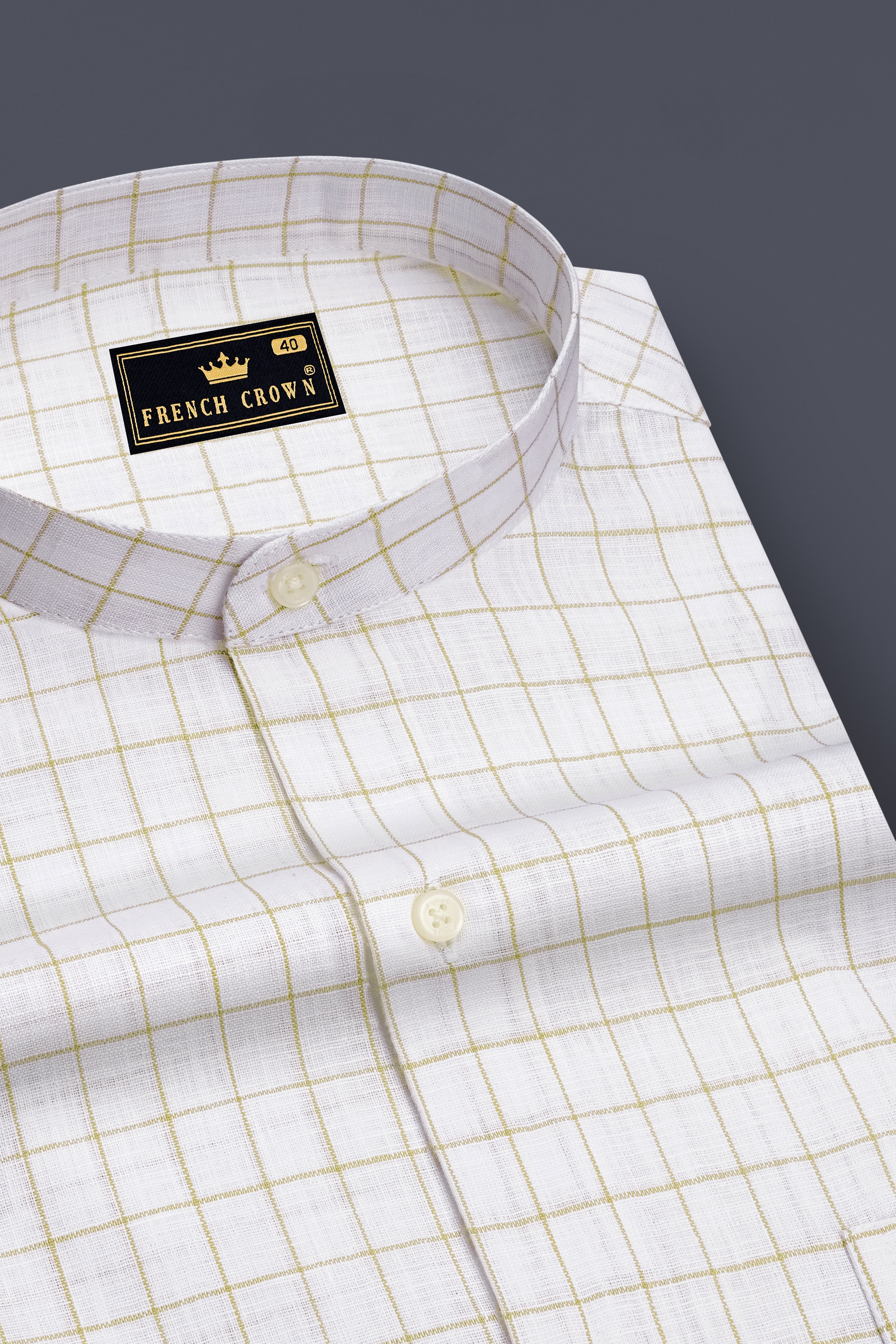 Sierra-Bright White And Muesli Brown Windowpane Luxurious Linen Mandarin Casual Shirt
