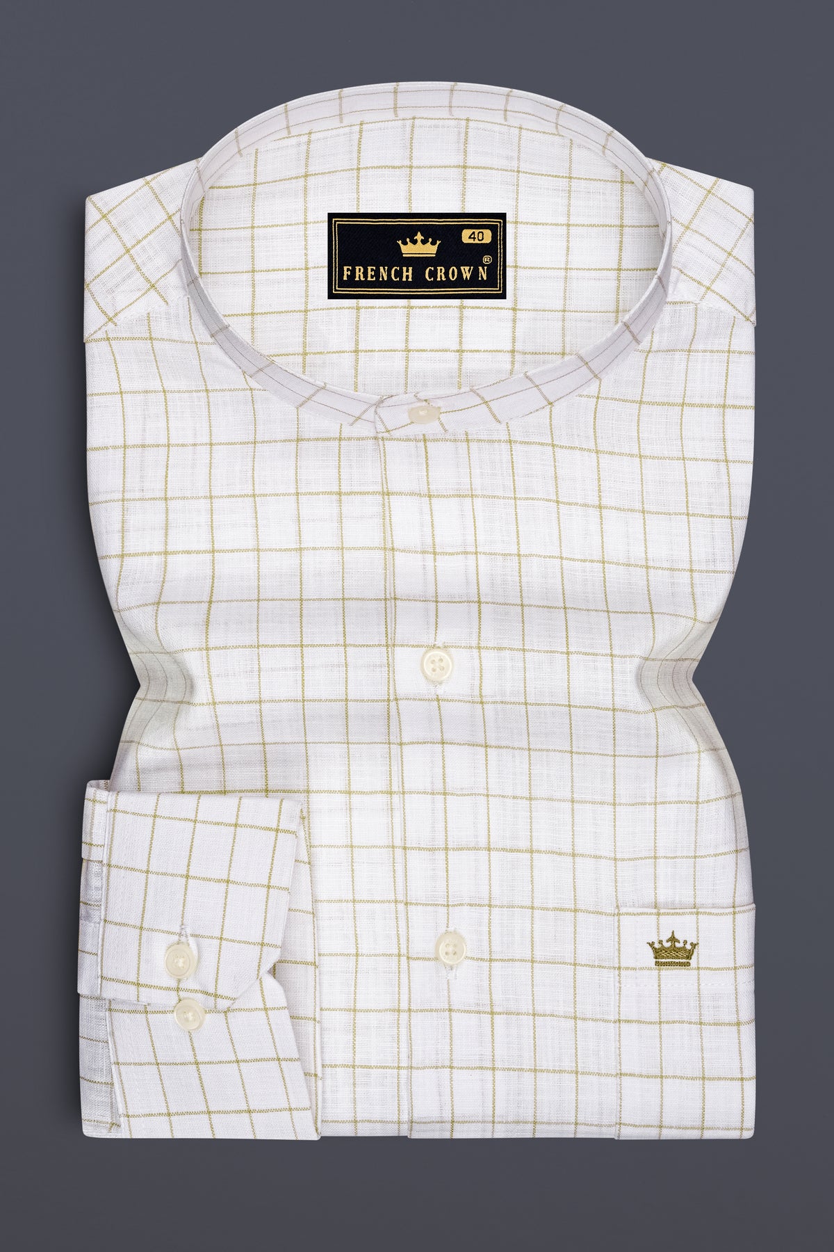 Sierra-Bright White And Muesli Brown Windowpane Luxurious Linen Mandarin Casual Shirt