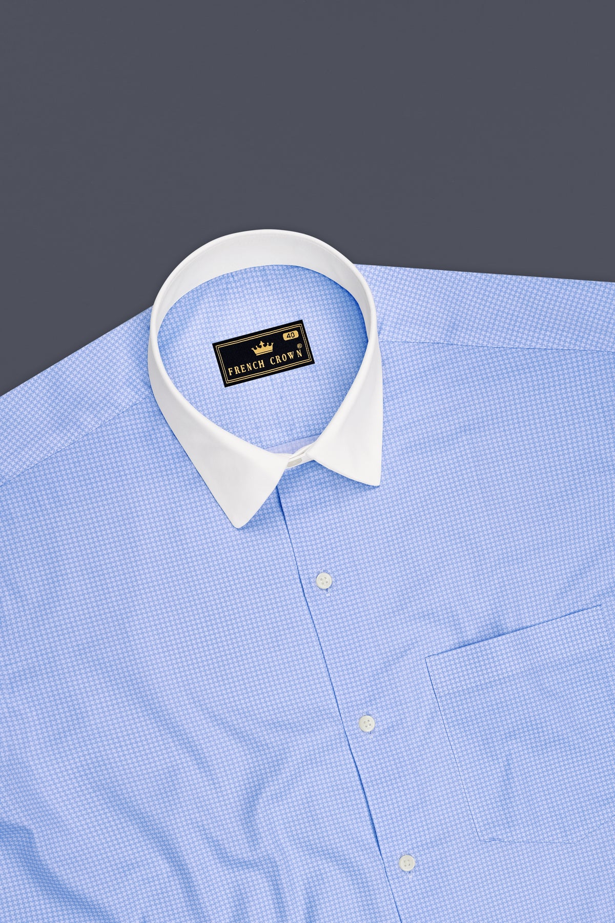 Vireo-Carolina Blue Houndstooth Printed Subtle Sheen Super Soft Premium Cotton White Cuff Collar Dress Shirt