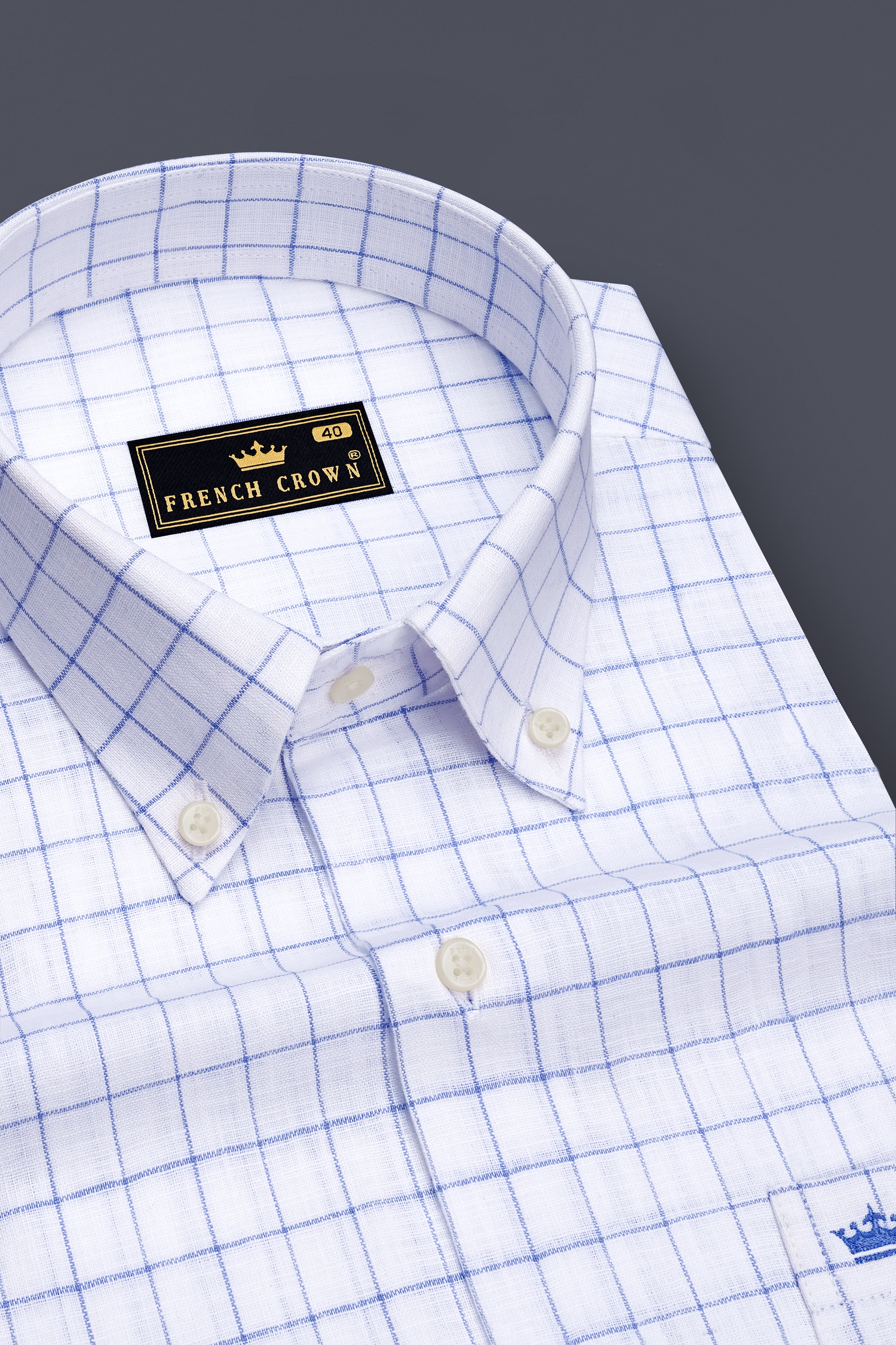 Lumen-Bright White And Periwinkle Blue Windowpane Luxurious Linen Button Down Dress Shirt