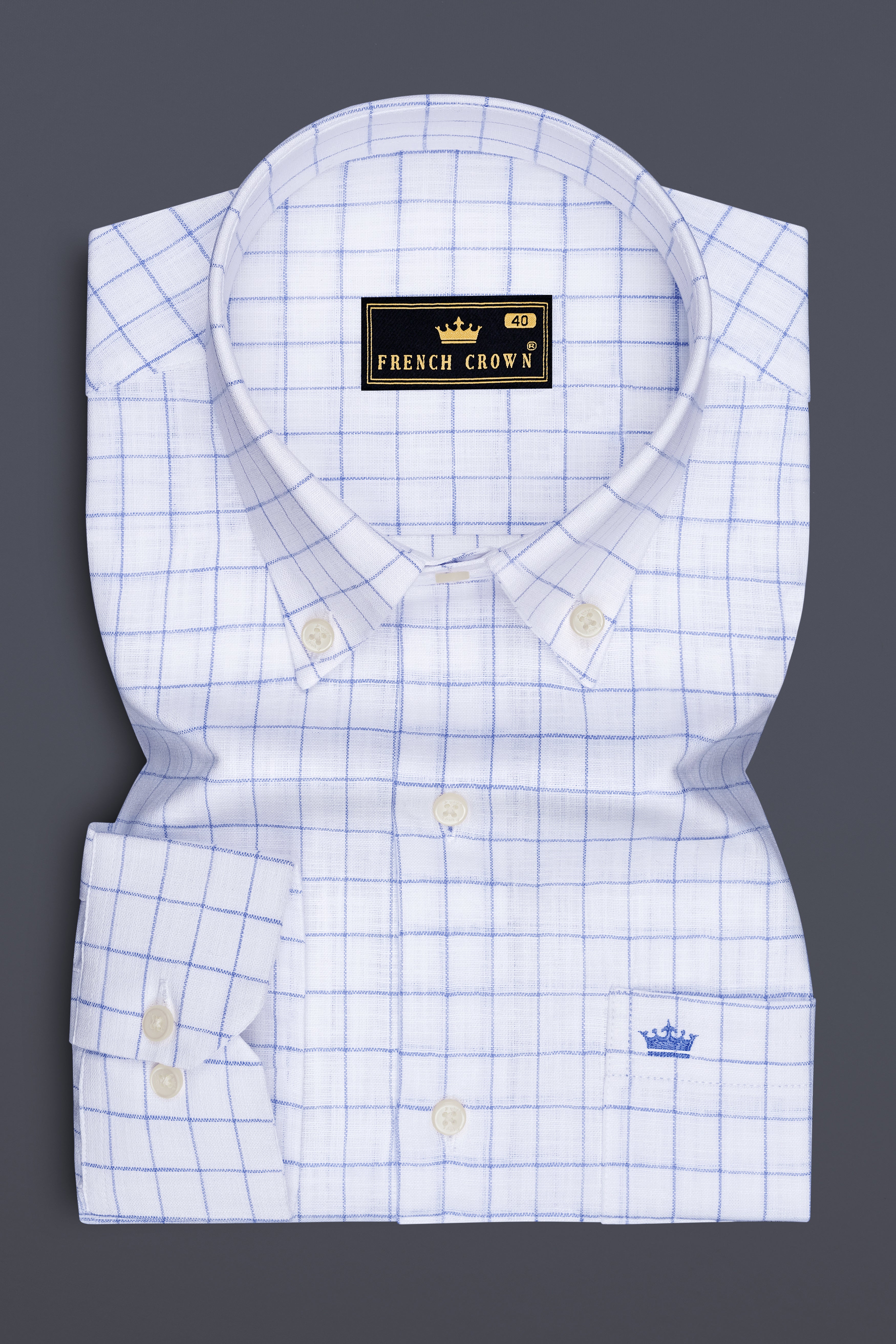 Lumen-Bright White And Periwinkle Blue Windowpane Luxurious Linen Button Down Dress Shirt