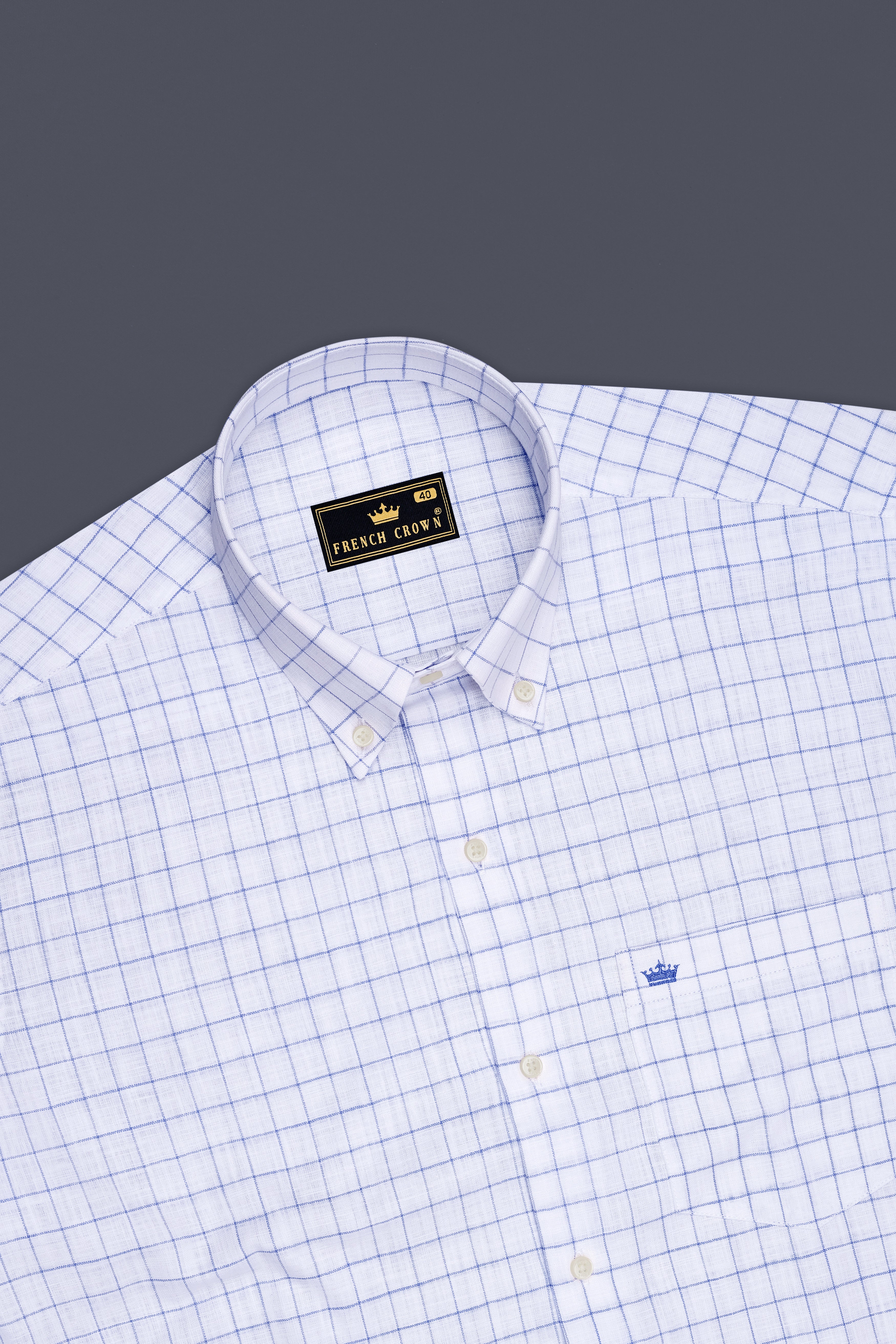 Lumen-Bright White And Periwinkle Blue Windowpane Luxurious Linen Button Down Dress Shirt