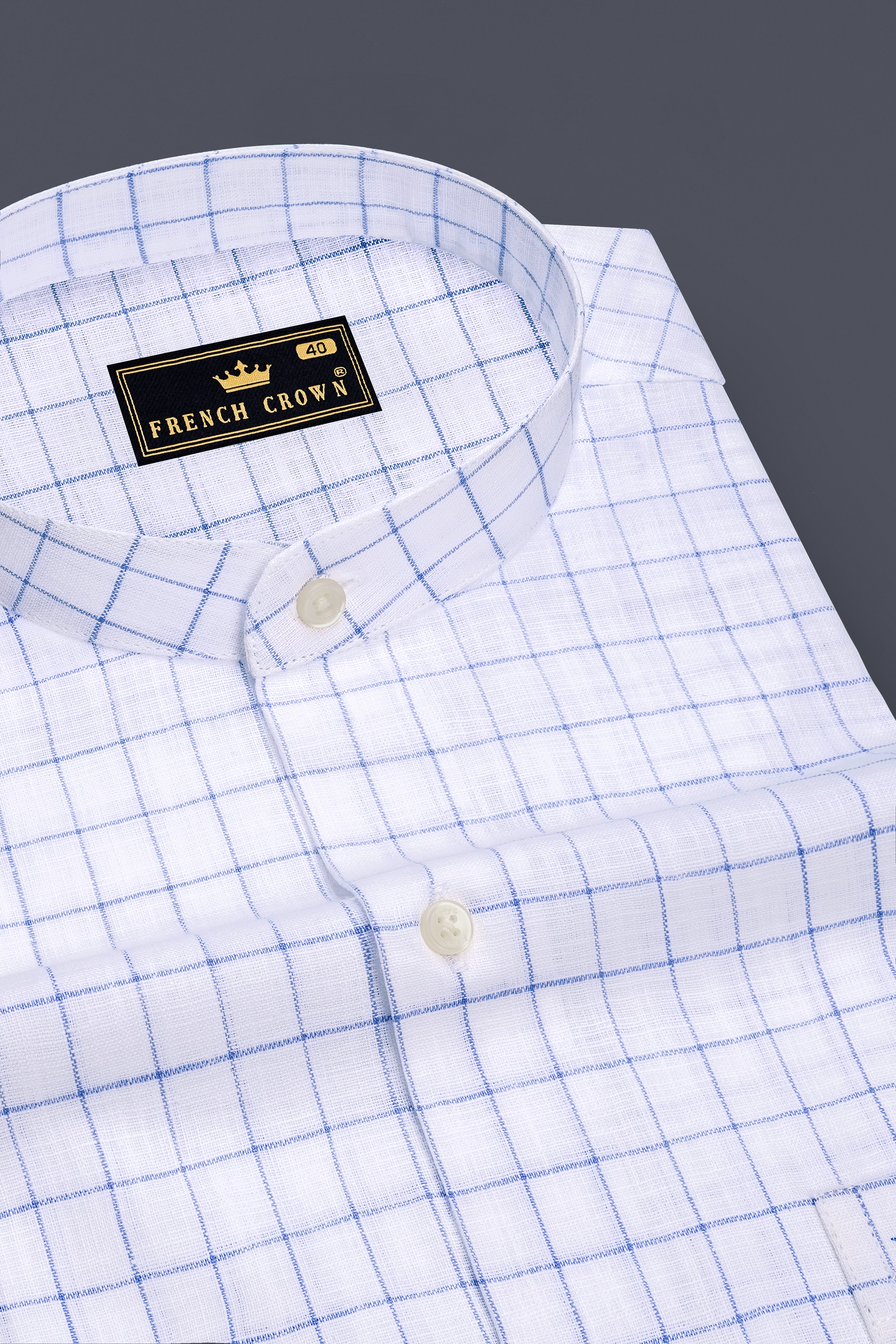 Lumen-Bright White And Periwinkle Blue Windowpane Luxurious Linen Mandarin Casual Shirt