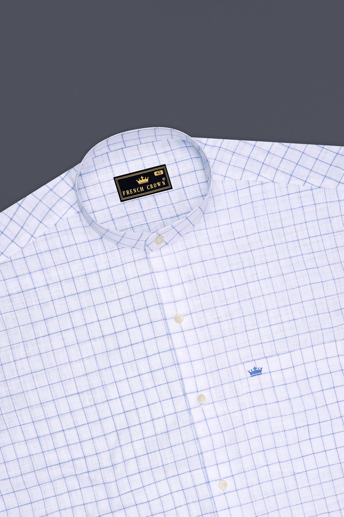 Lumen-Bright White And Periwinkle Blue Windowpane Luxurious Linen Mandarin Casual Shirt