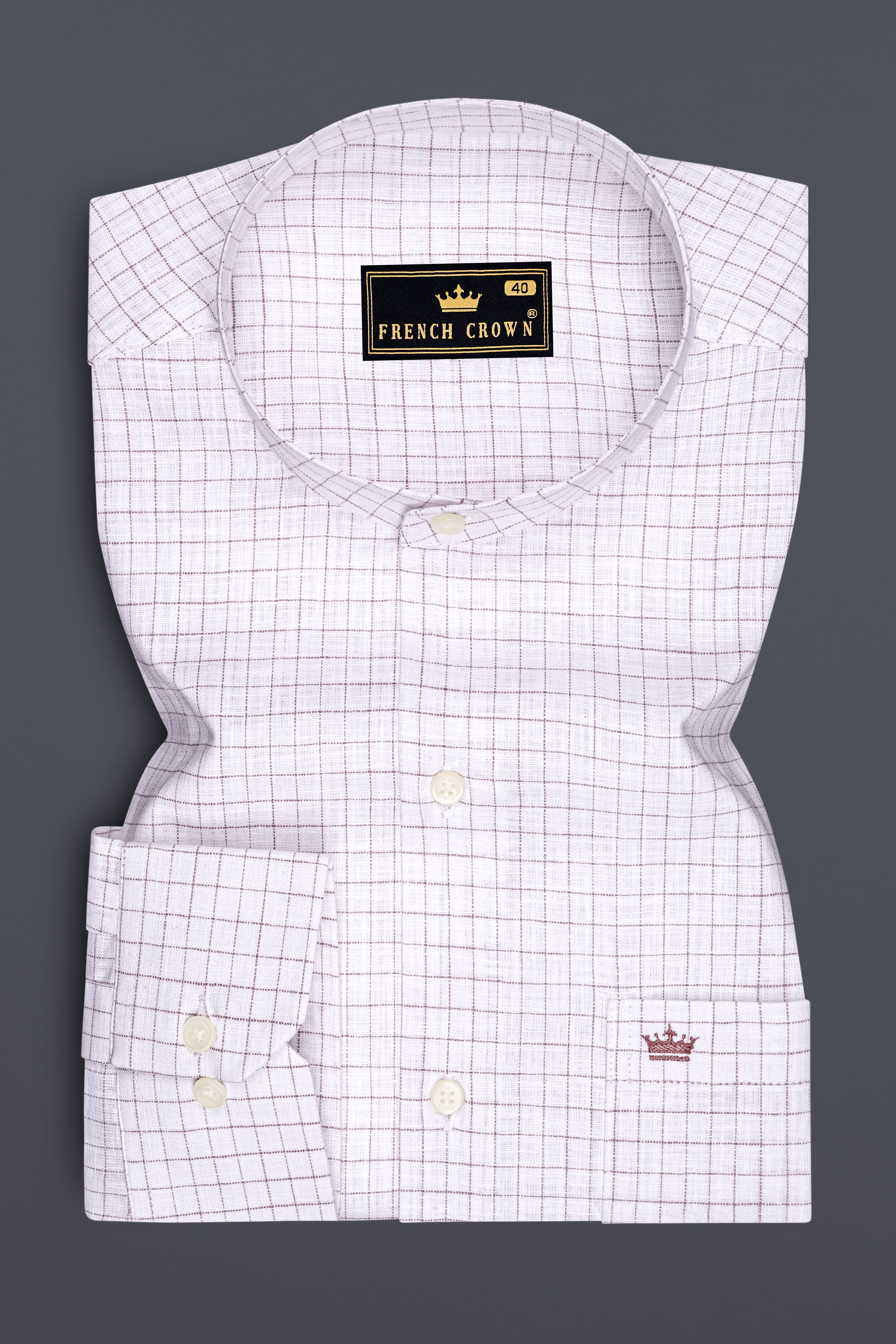 Eminence-Bright White And Nobel Pink Windowpane Luxurious Linen Mandarin Casual Shirt