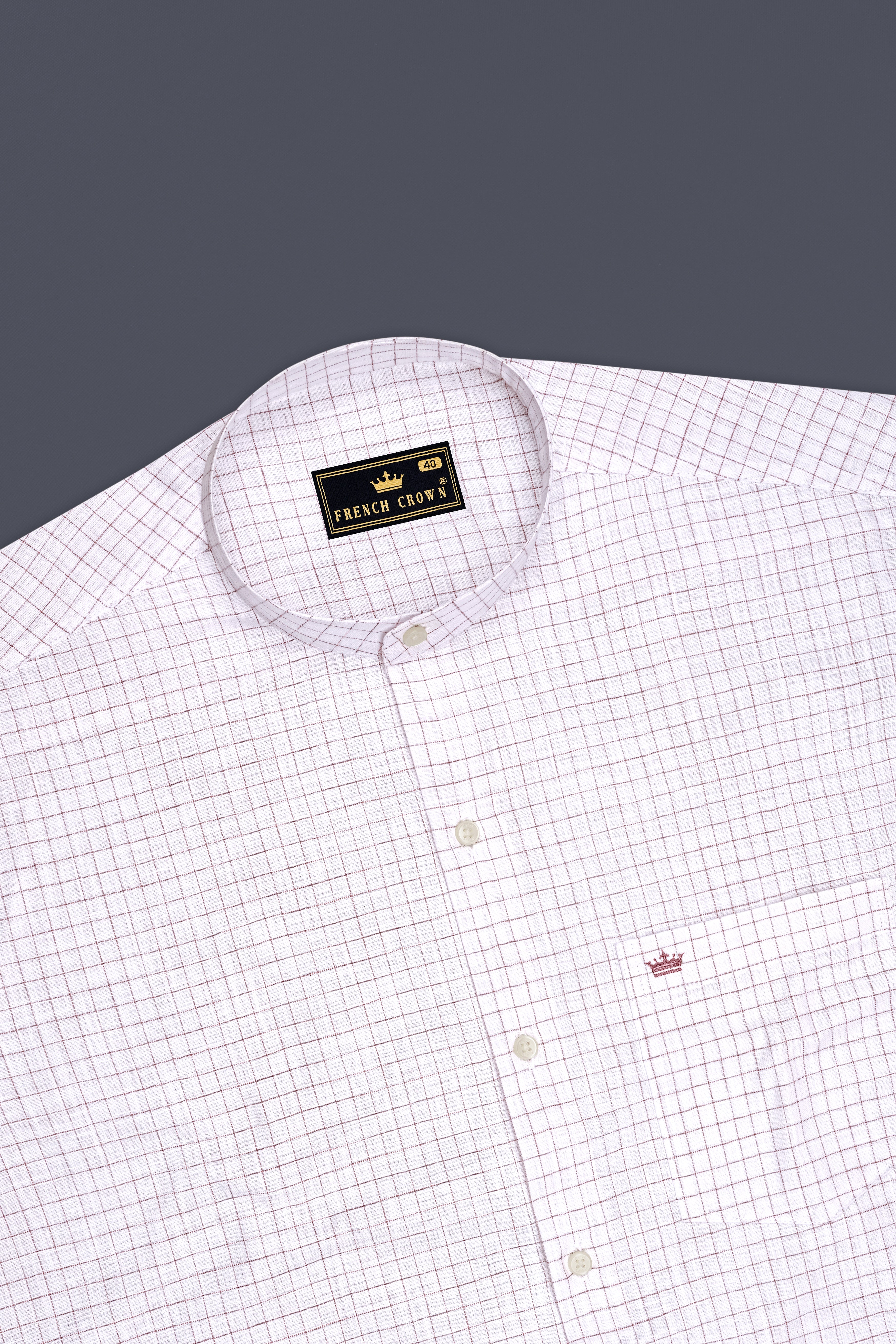 Eminence-Bright White And Nobel Pink Windowpane Luxurious Linen Mandarin Casual Shirt