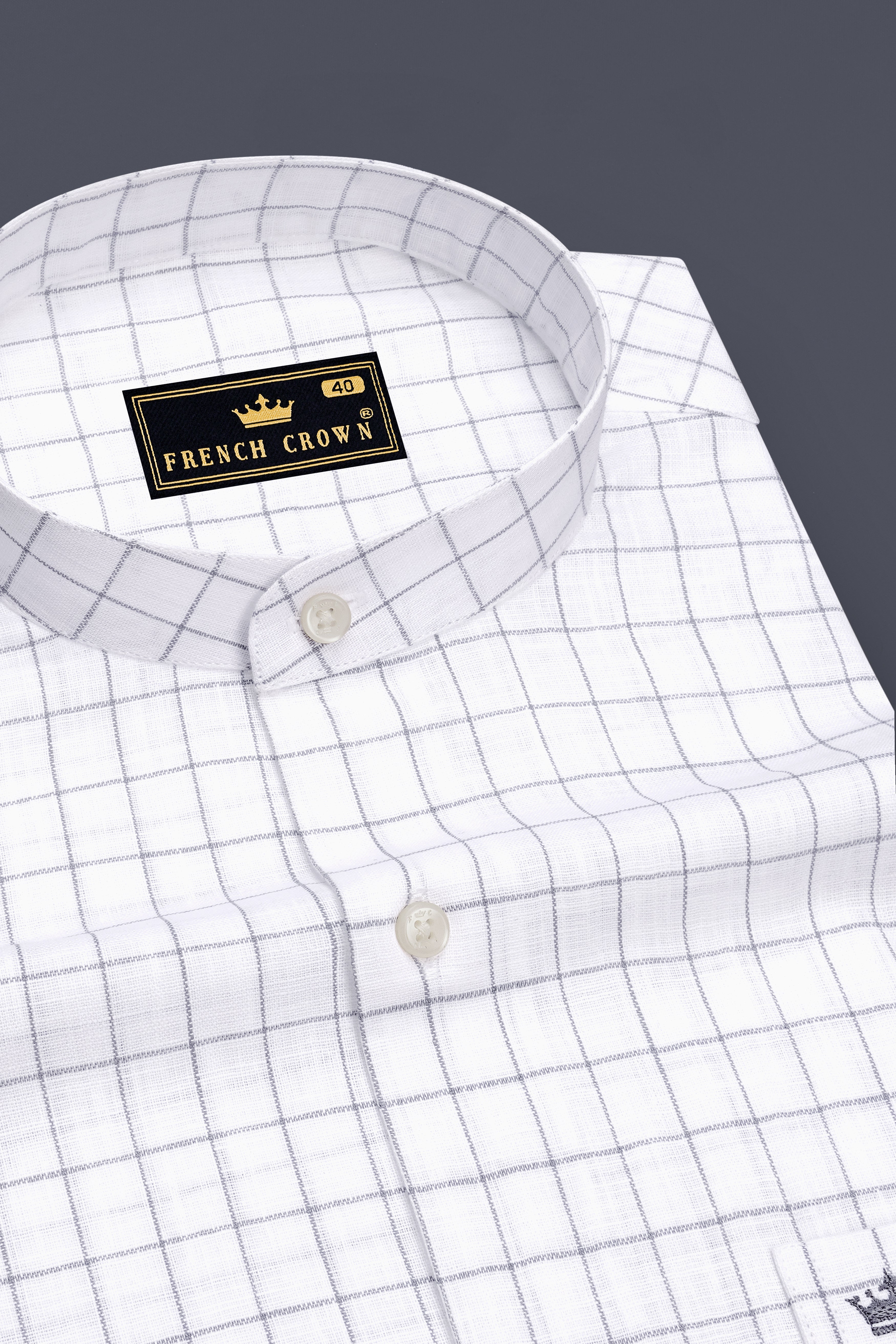 Aureum-Bright White And Bronco Gray Windowpane Luxurious Linen Mandarin Casual Shirt