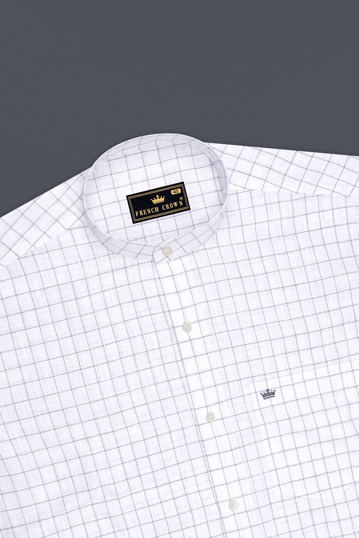 Aureum-Bright White And Bronco Gray Windowpane Luxurious Linen Mandarin Casual Shirt