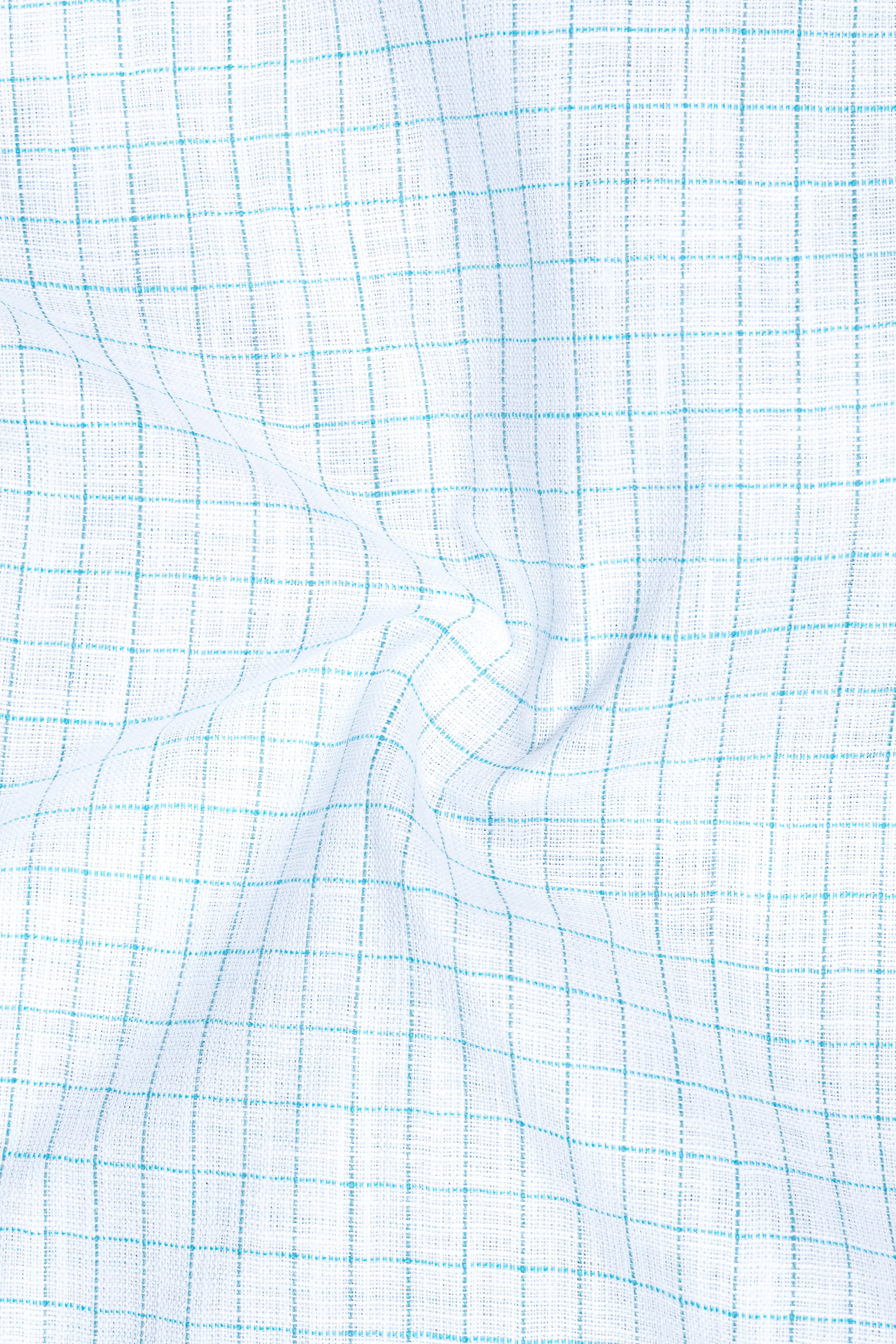 Zephyr-Bright White And Aquamarine Blue Windowpane Luxurious Linen Button Down Dress Shirt
