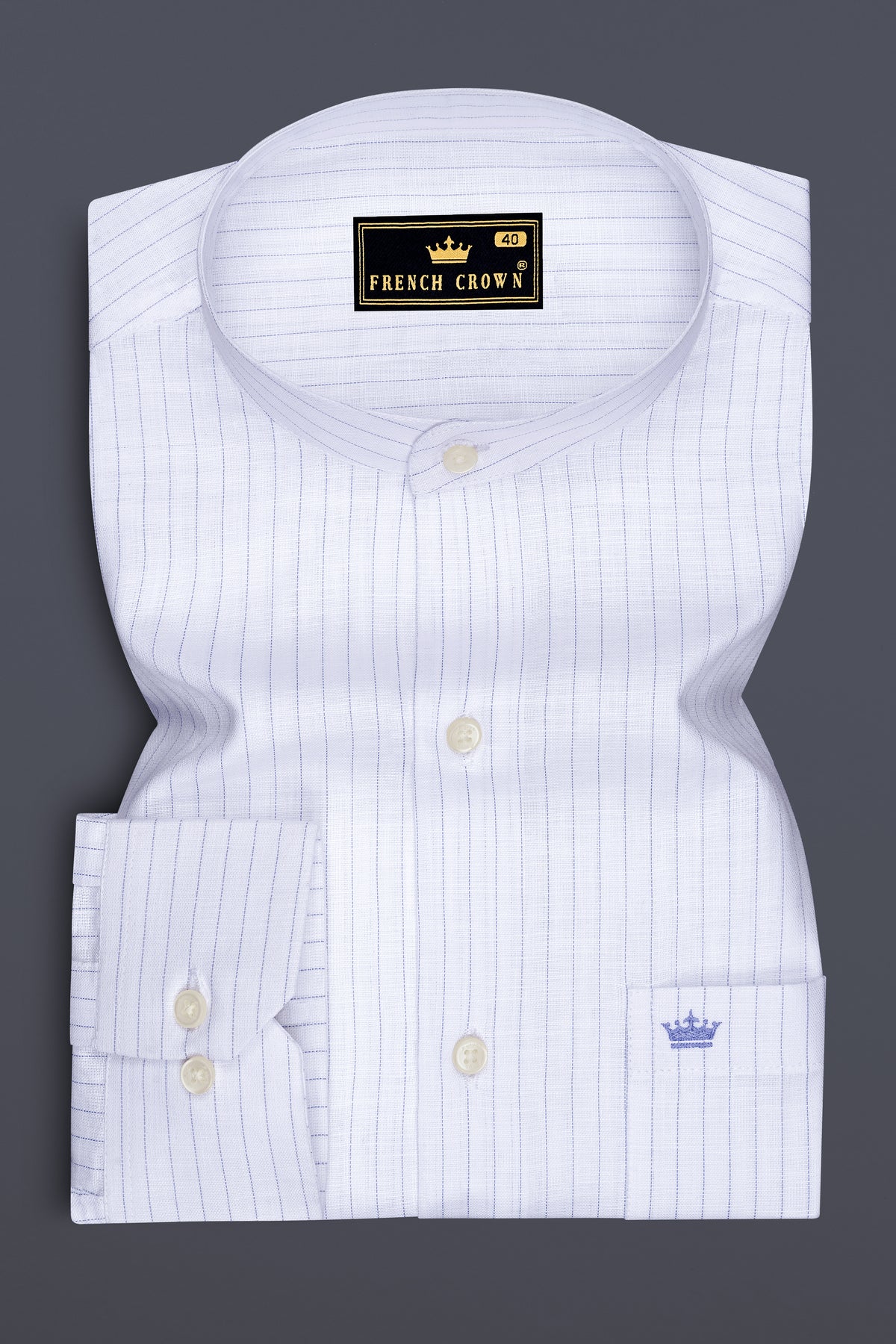 Alviero-Bright White And Bell Blue Pin Striped Luxurious Linen Mandarin Casual Shirt