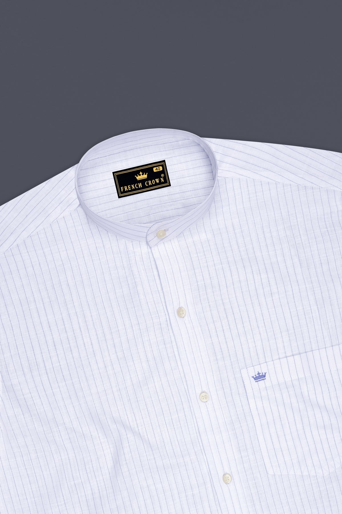 Alviero-Bright White And Bell Blue Pin Striped Luxurious Linen Mandarin Casual Shirt