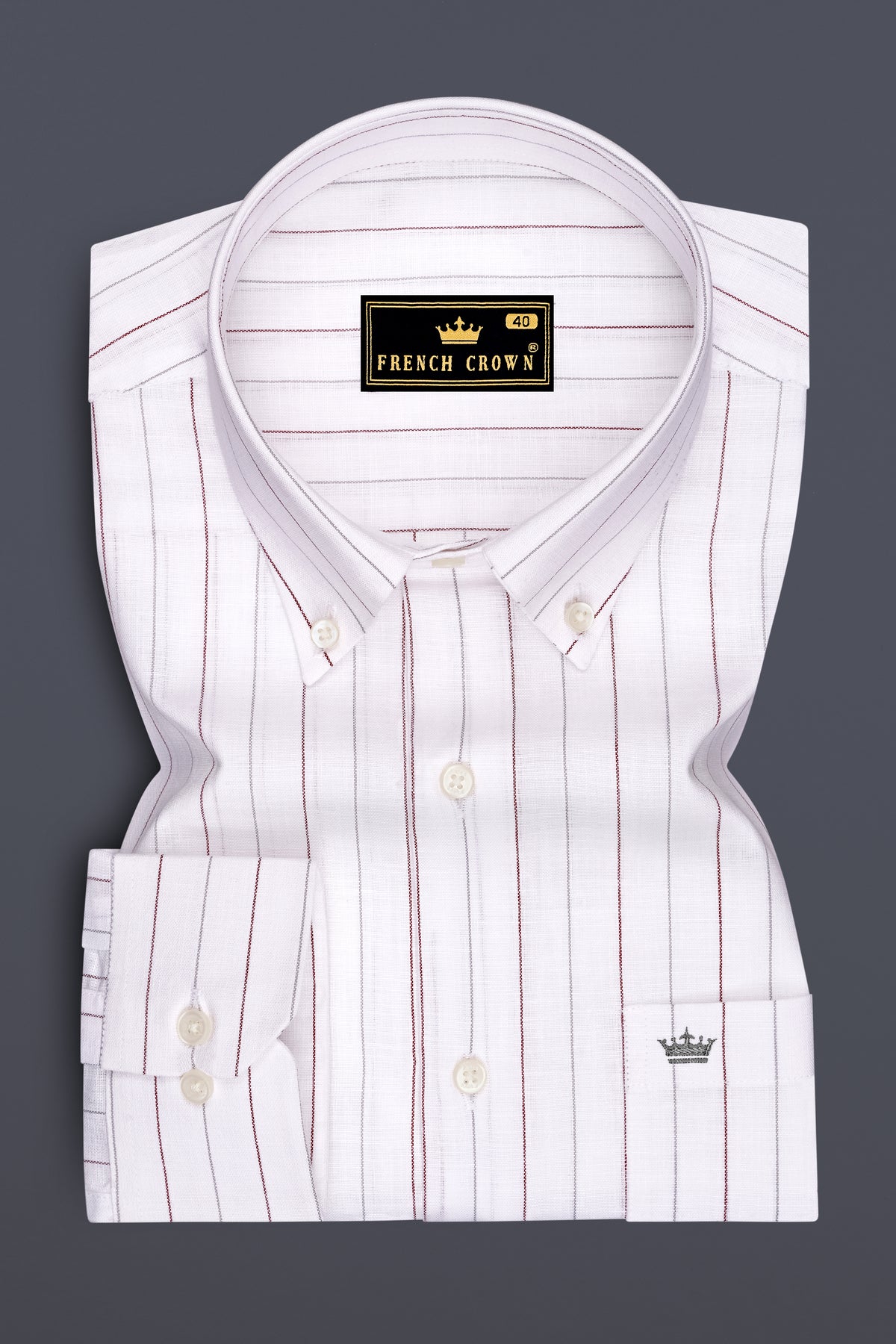 Regent-Bright White And Burnt Red Pin Striped Luxurious Linen Button Down Dress Shirt
