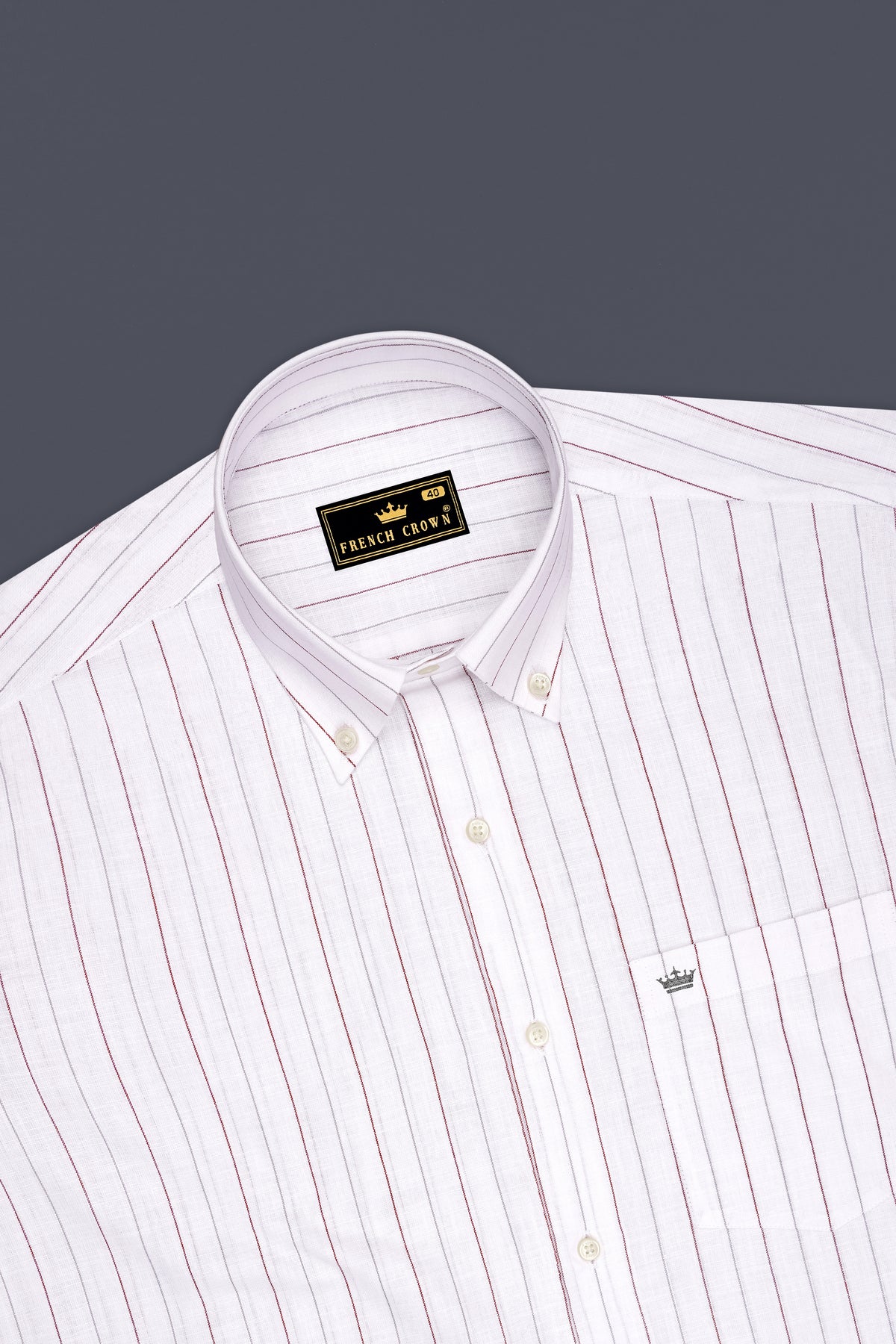Regent-Bright White And Burnt Red Pin Striped Luxurious Linen Button Down Dress Shirt
